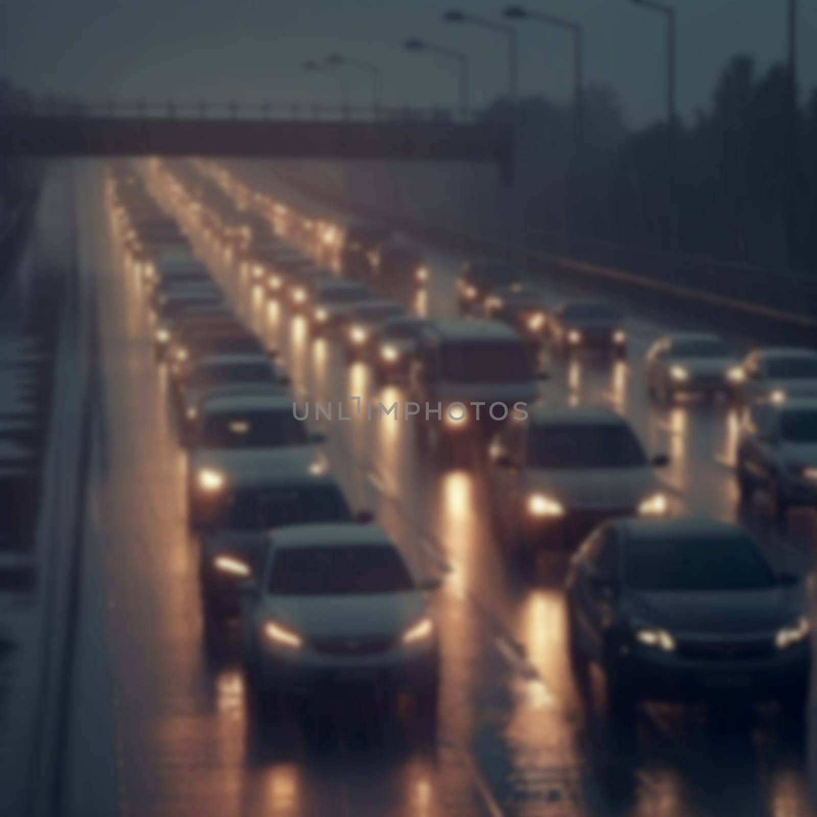 blurred Traffic jam heavy on highway on rainy day with raindrops on car glasses. blurred background, motion blur, by Annebel146