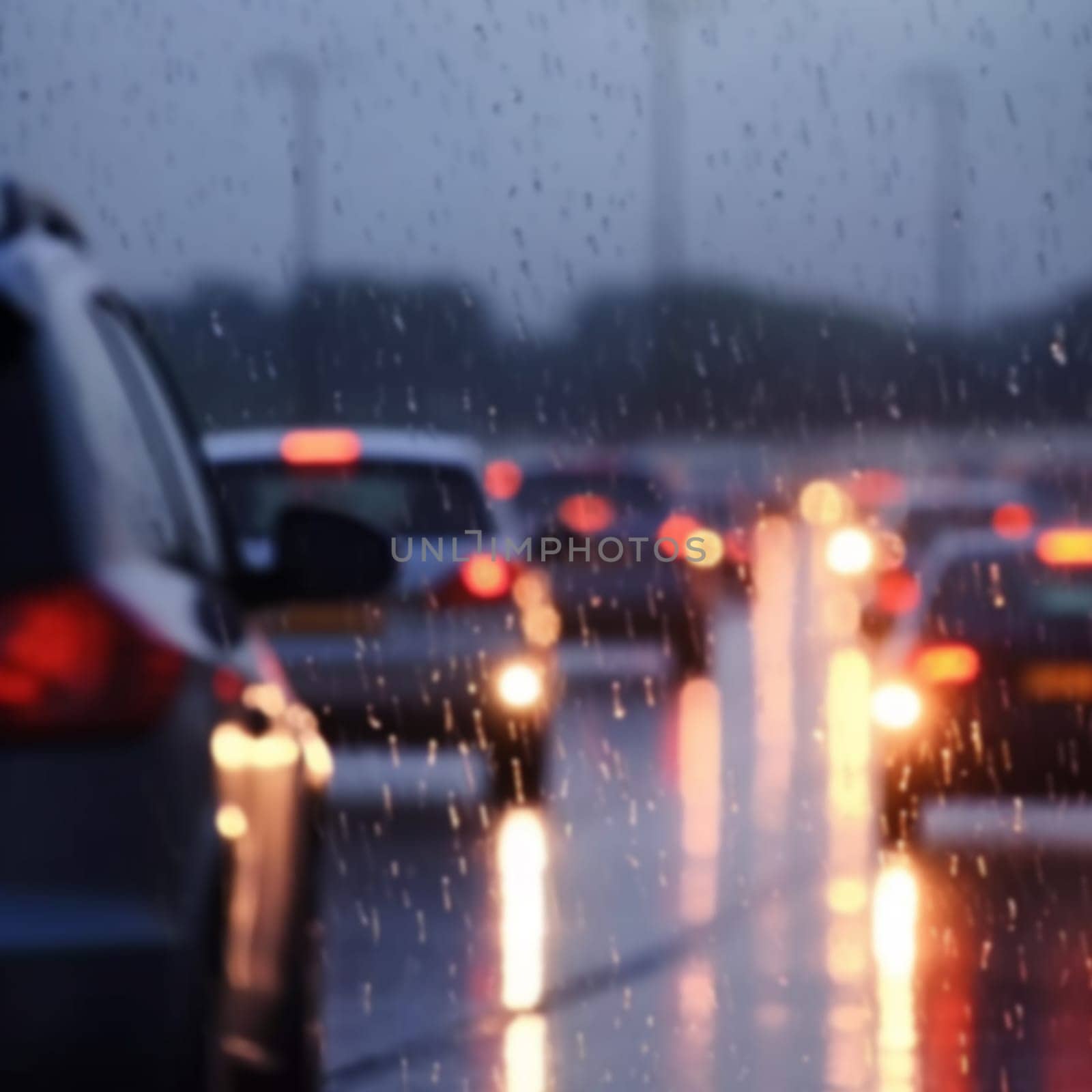 Traffic jam heavy on highway on rainy day with raindrops on car glasses. blurred background, motion blur, evening peak hour