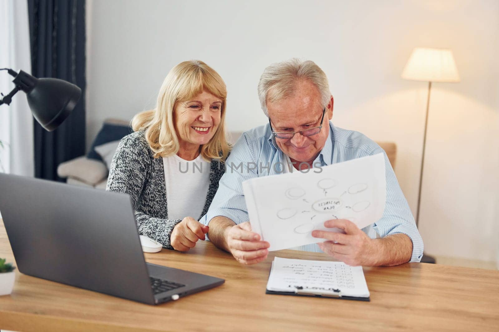 Using laptop. Senior man and woman is together at home.