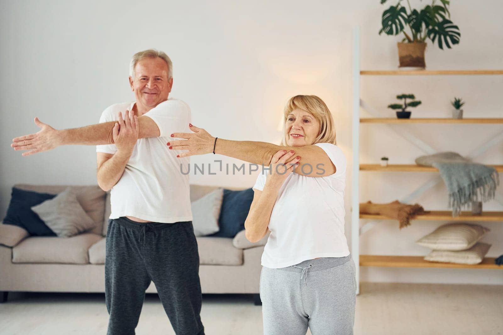 Doing stretching. Senior man and woman is together at home.