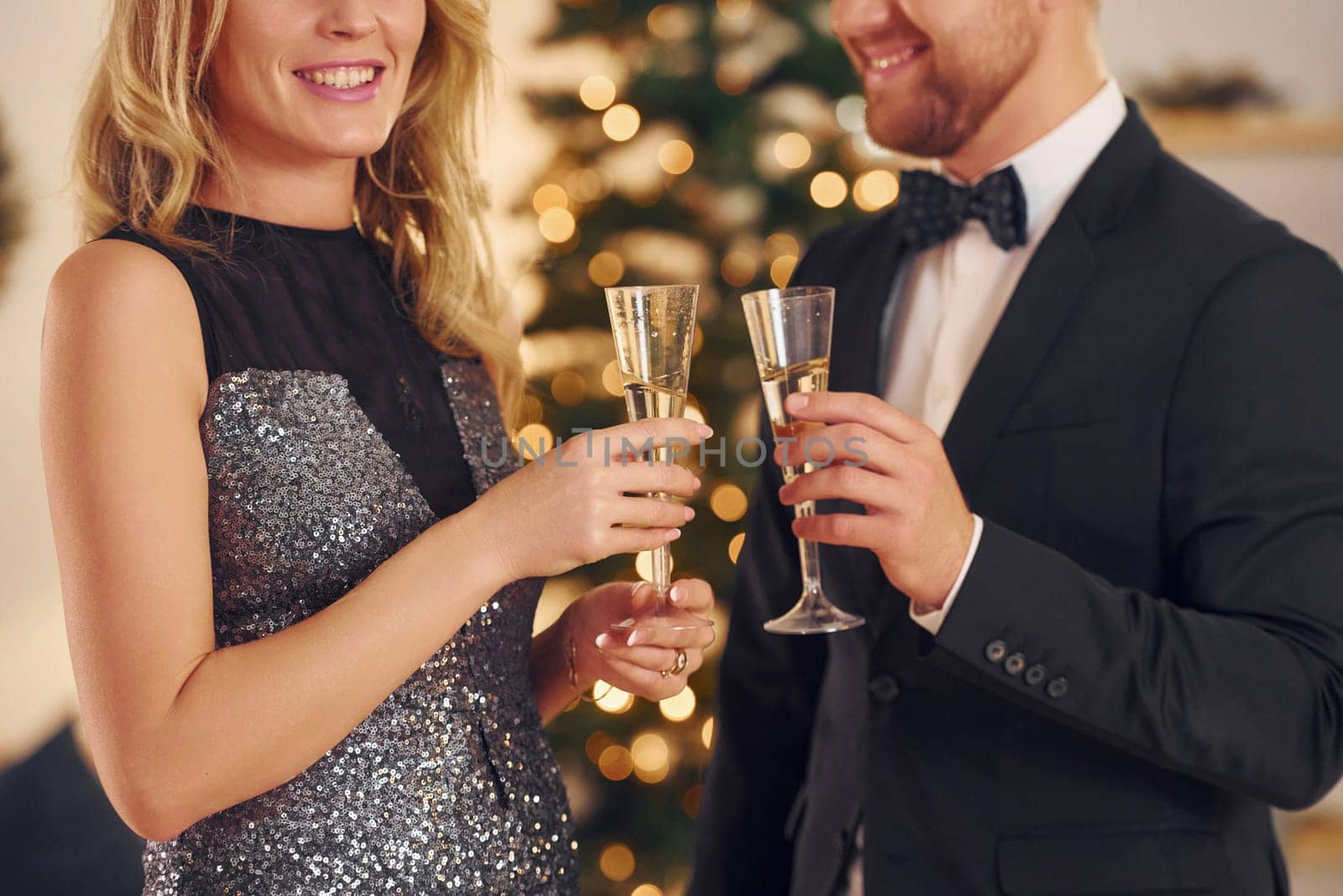 Cheering with glasses of alcohol. Happy couple have a new year party indoors together.