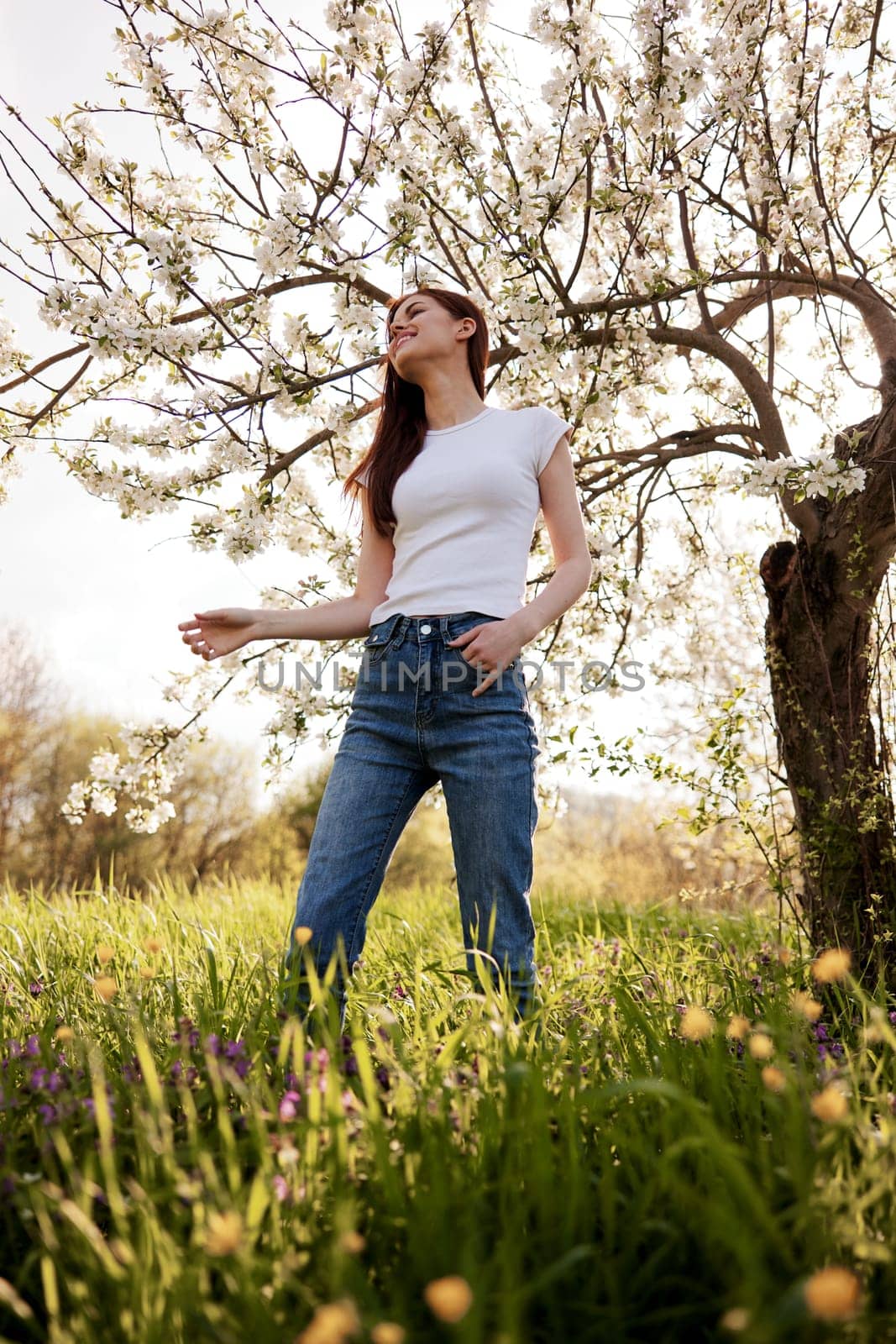 joyful, happy woman in jeans and a light T-shirt posing against the backdrop of a flowering tree. High quality photo