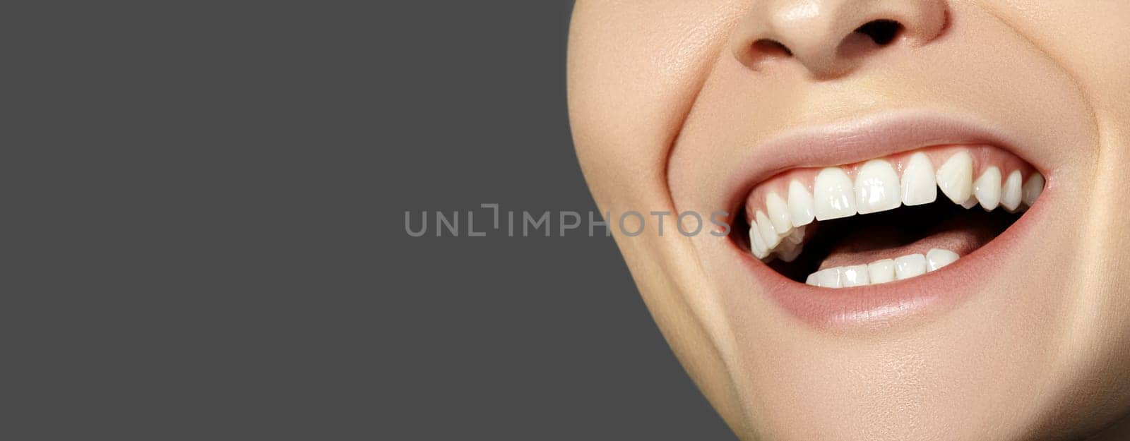Cropped half face portrait of woman with copy space. Closeup Dental Beauty. Beautiful Macro with perfect White Teeth with Copyspace. Whitening Tooth and Wellness Treatment