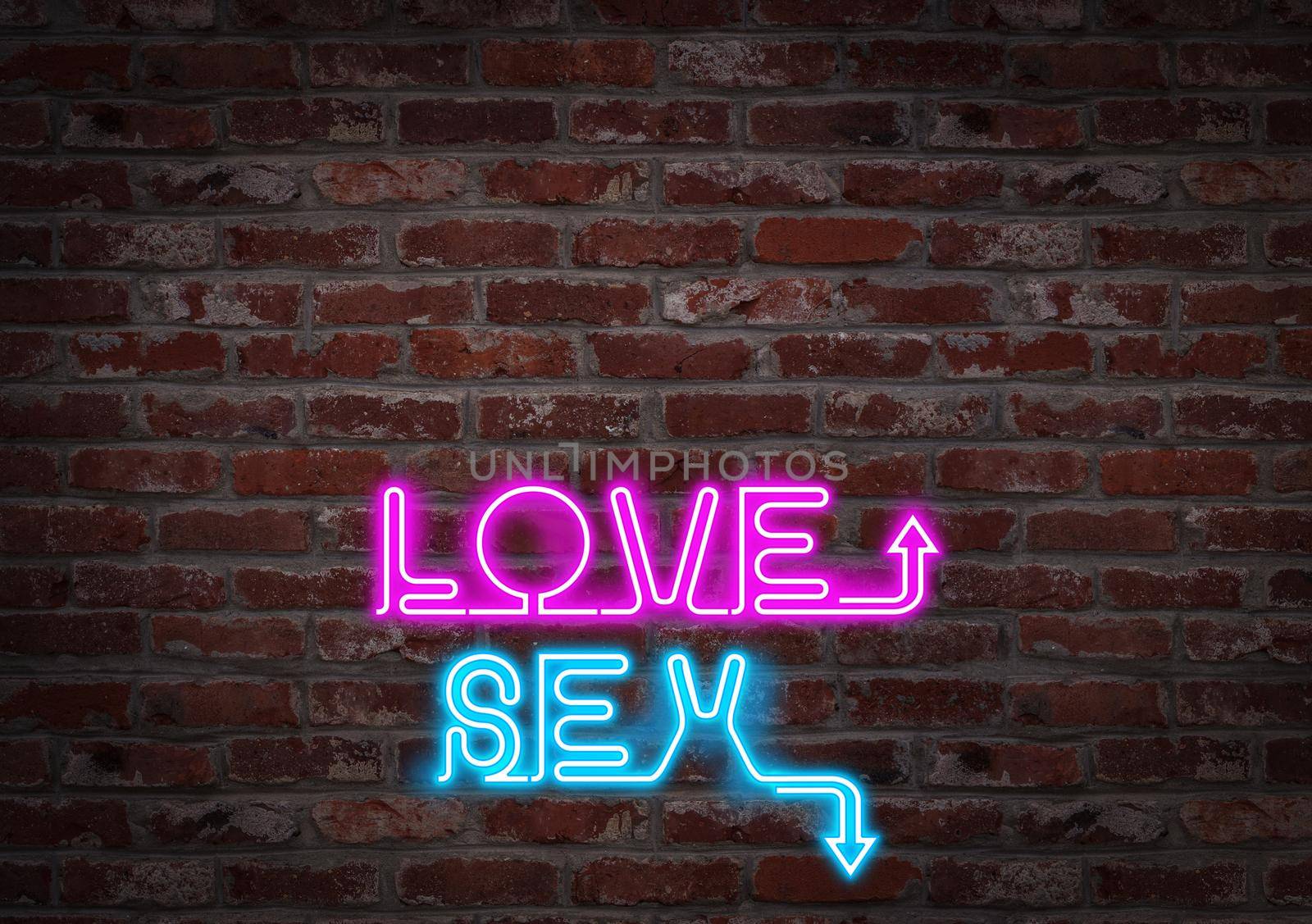 Love or sex light neon on a brick wall by bepsimage