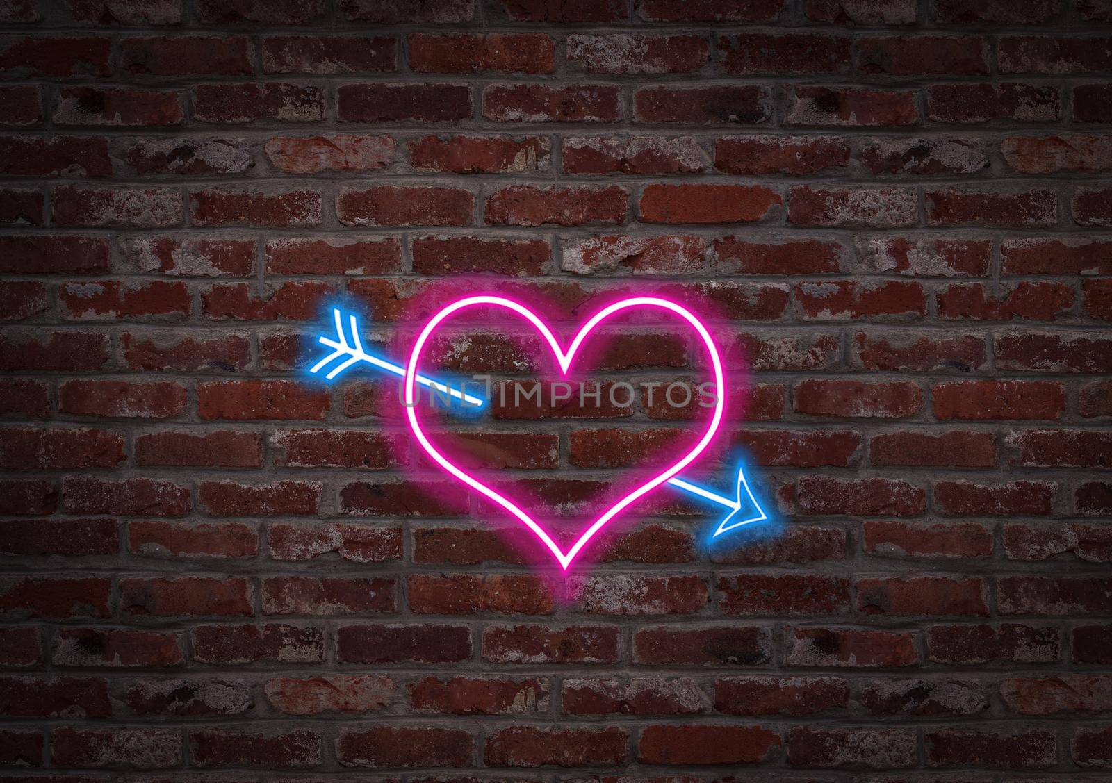 The Hearth pierced by an arrow. Shape light neon on a brick wall