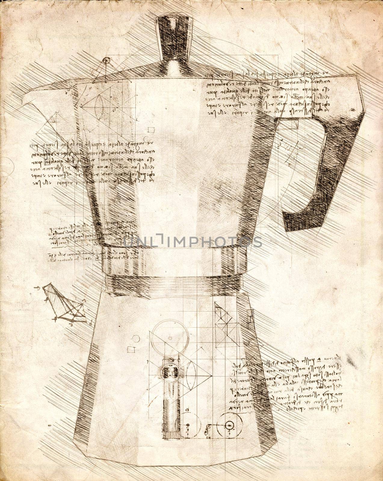 Sketch of Italian moka, project design on old retro paper