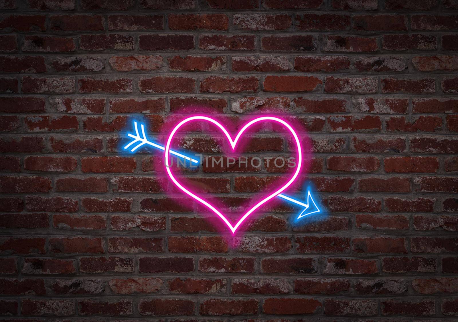 The Hearth pierced by an arrow. Shape light neon on a brick wall