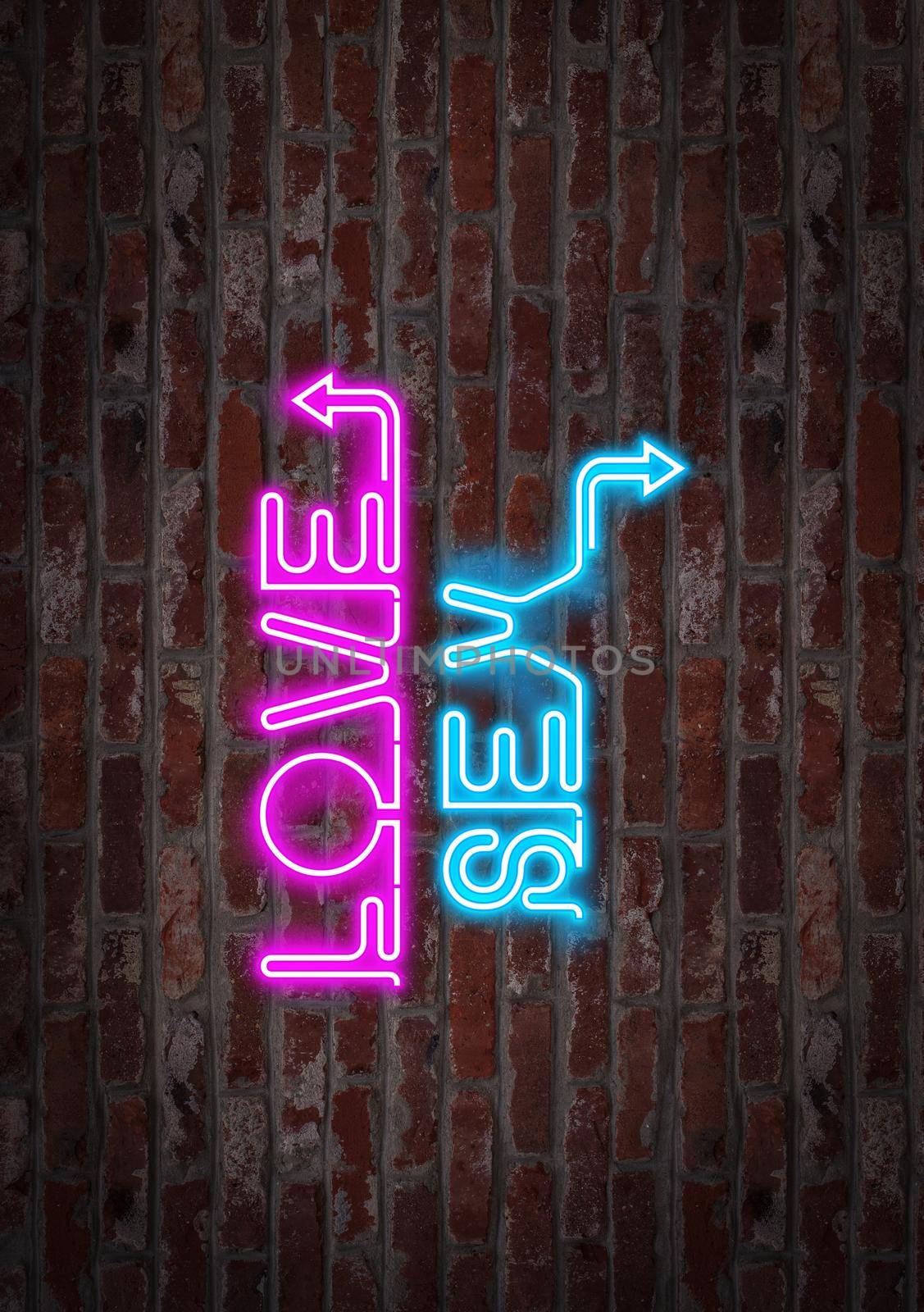 The phrase Love or sex written by a light neon on a brick wall