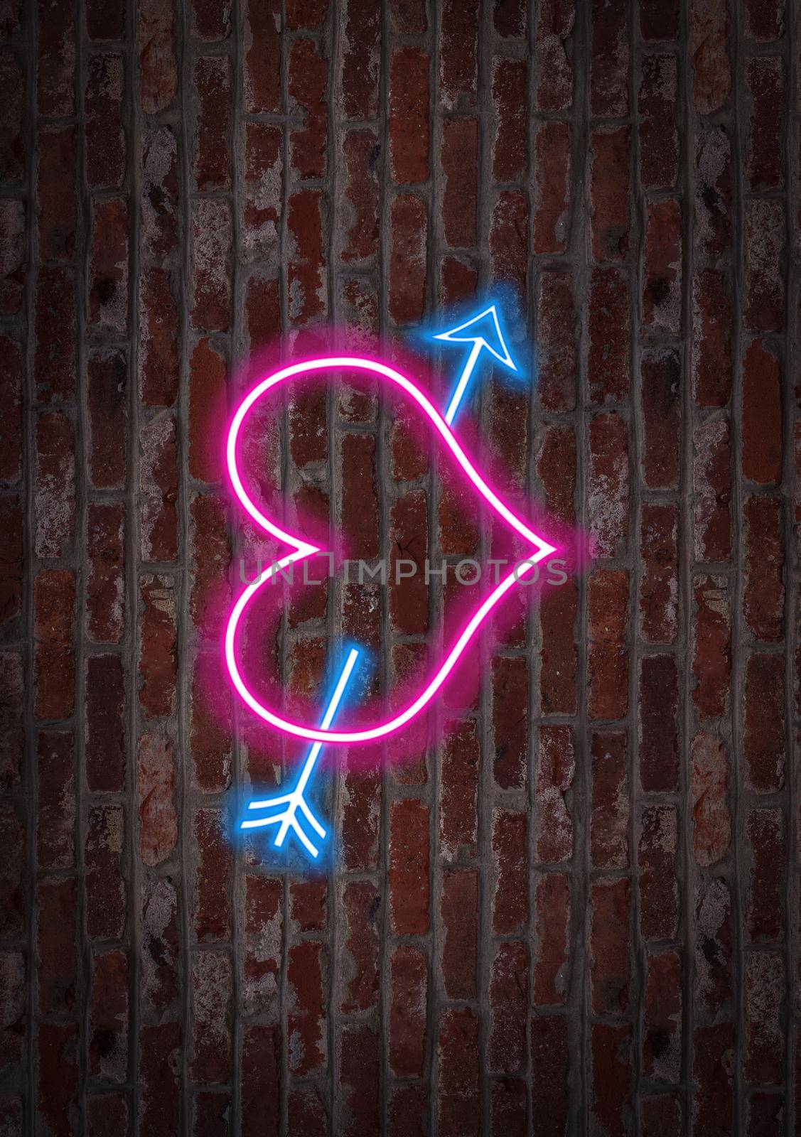 The Hearth pierced by an arrow. Shape light neon on a brick wall