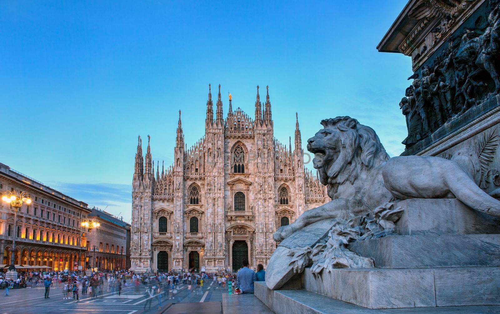 Lion statue of Vittorio Emanuele II monument in Piazza del Duomo Milan, Italy