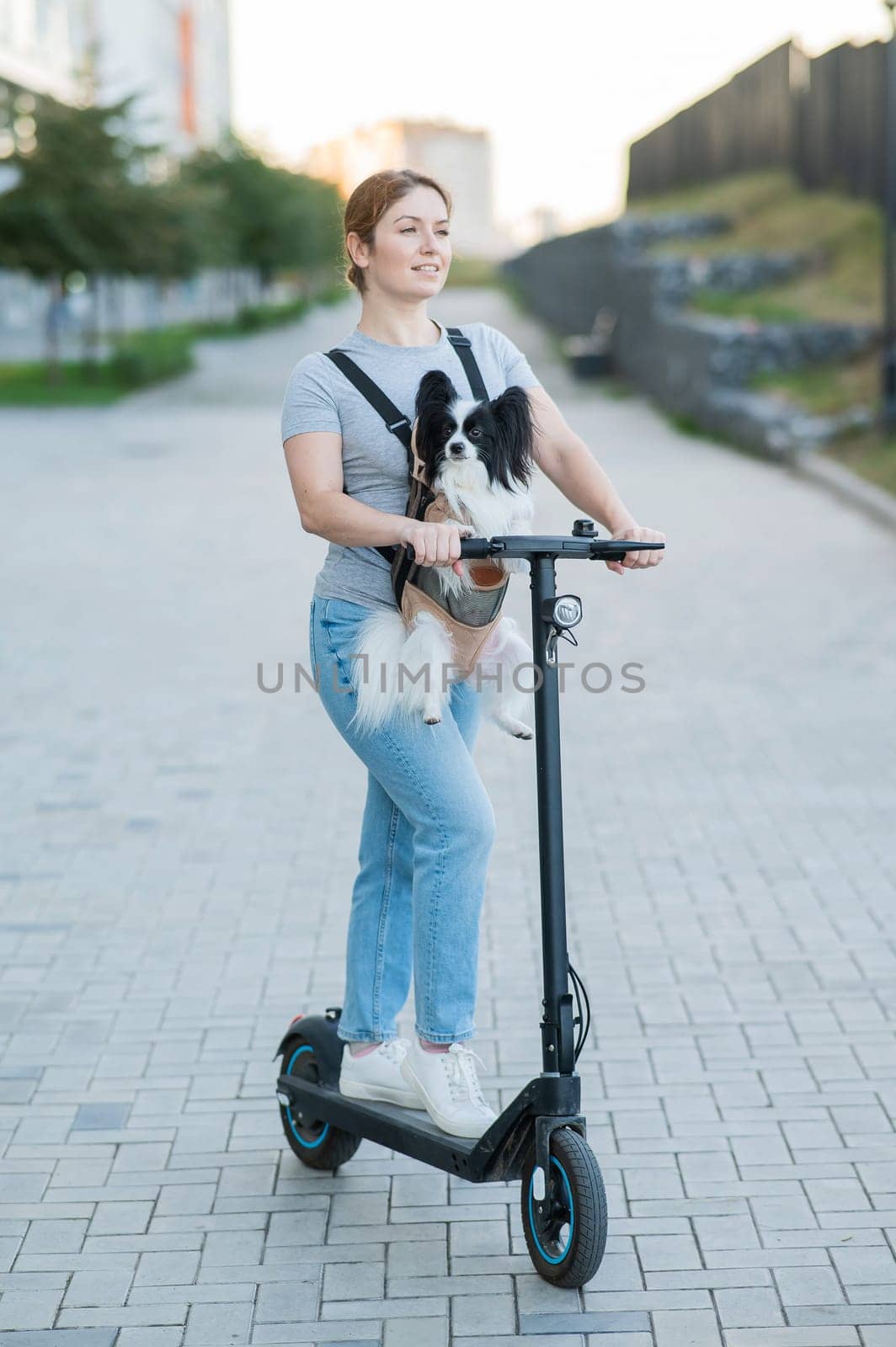 A woman rides an electric scooter with a dog in a backpack. Pappilion Spaniel Continental in a sling. Vertical