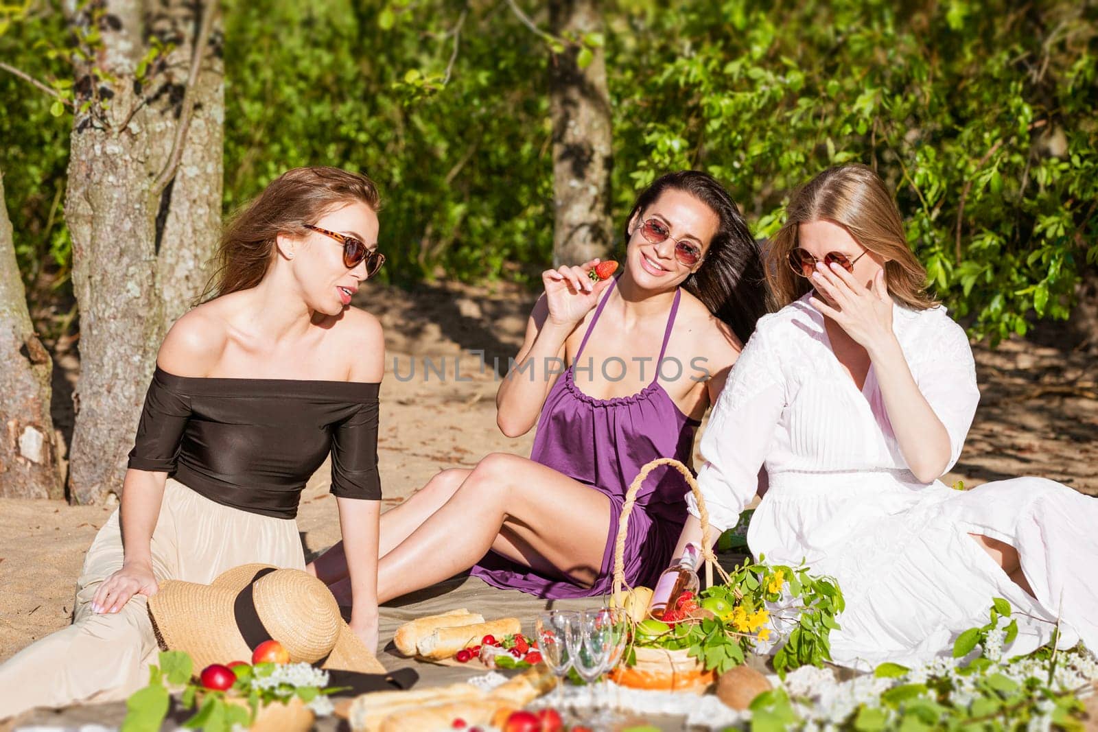 Three cheerful girlfriends at a summer picnic. Happy women by EkaterinaPereslavtseva