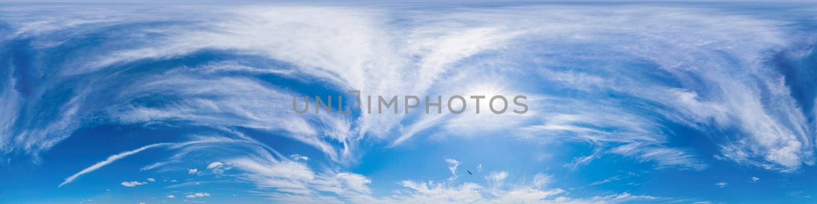 Blue summer 360 panorama of sky with clouds, no ground, in spherical equirectangular format for easy use in 3D graphics and aerial or ground composites, seamless and suitable for sky replacement. by panophotograph