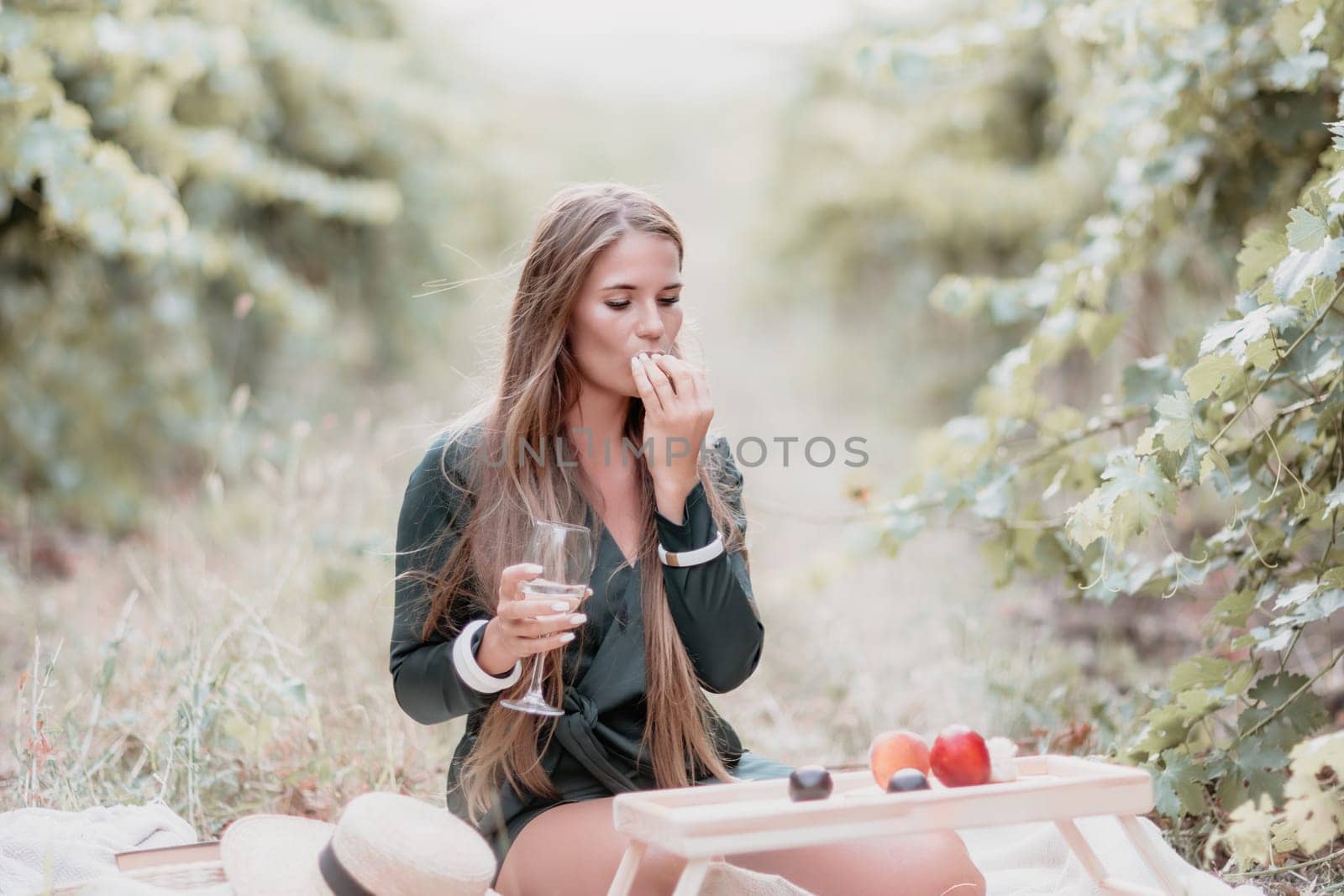 Woman picnic vineyard. Happy woman with a glass of wine at a picnic in the vineyard, wine tasting at sunset and open nature in the summer. Romantic dinner, fruit and wine. by panophotograph