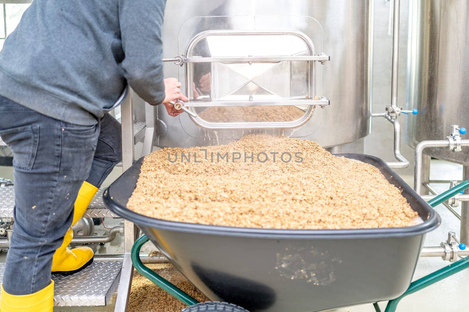 cleaning the boiler from residual malt after brewing beer in the brewery.