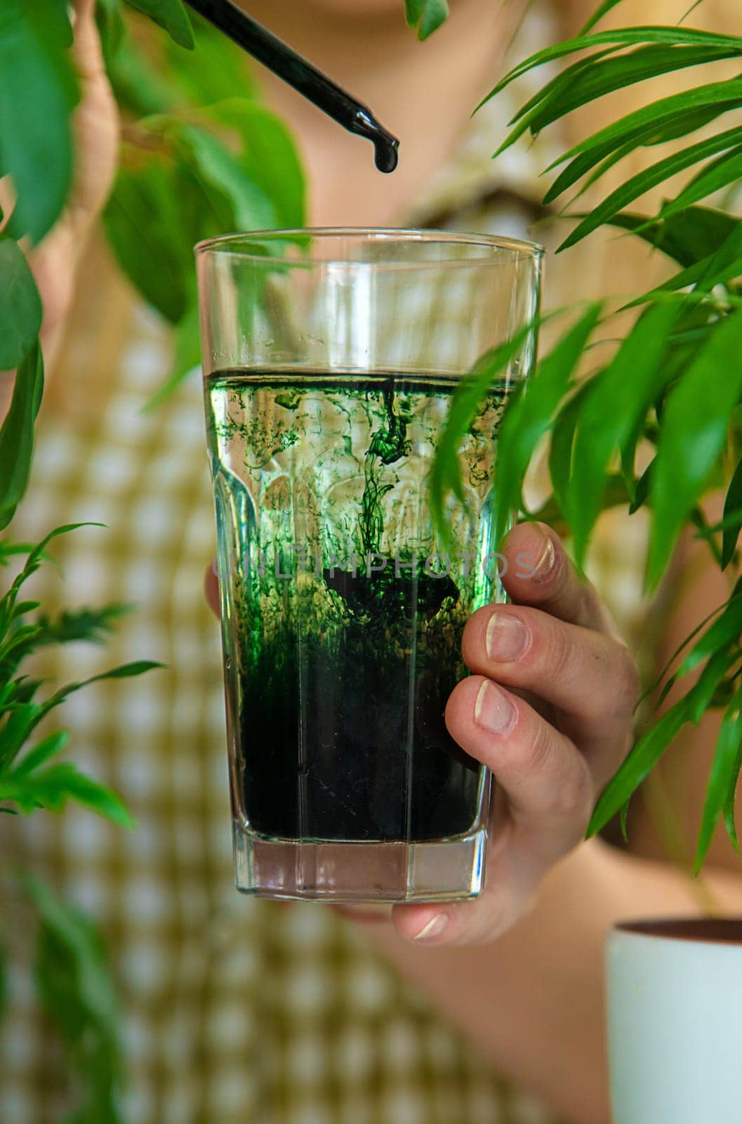 A woman drinks liquid chlorophyll. Selective focus. Nature.
