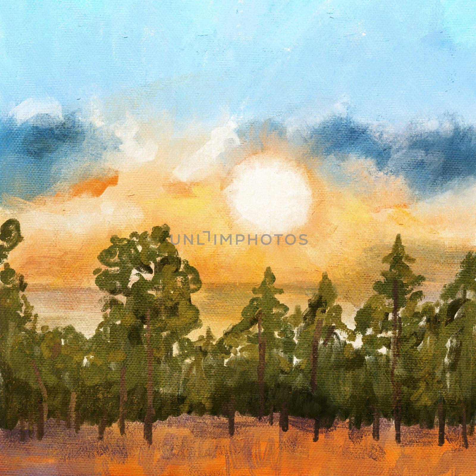 Hand drawn illustration of forest wood in sunrise sunset sky. Pine fir trees in evening light blye sky, nature landscape view, outdoor scenery. Oil painting paints texture