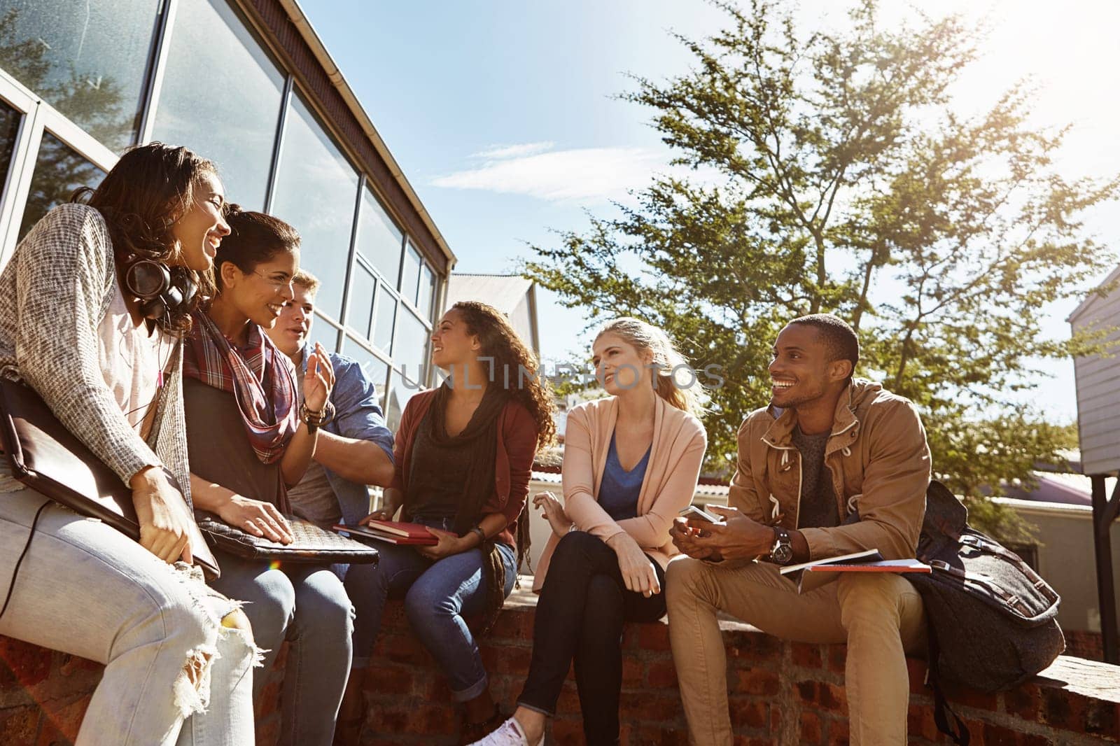 We learn and remember so much more in a group. a group of students studying outside on campus. by YuriArcurs