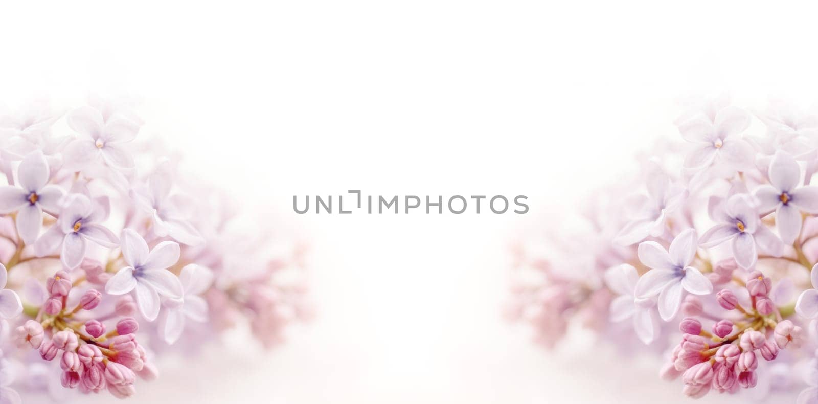 Flowers background. Soft focus image of lilac flowers on white background in the style of soft and dreamy pastels. AI generated