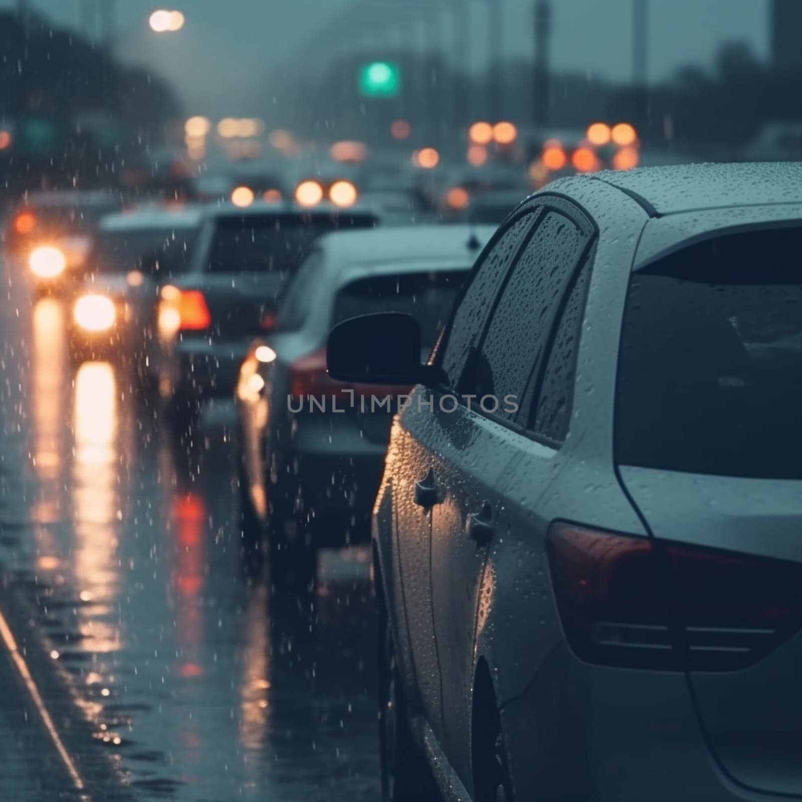 Traffic jam heavy on highway on rainy day with raindrops on car glasses. blurred background, motion blur, evening peak hour