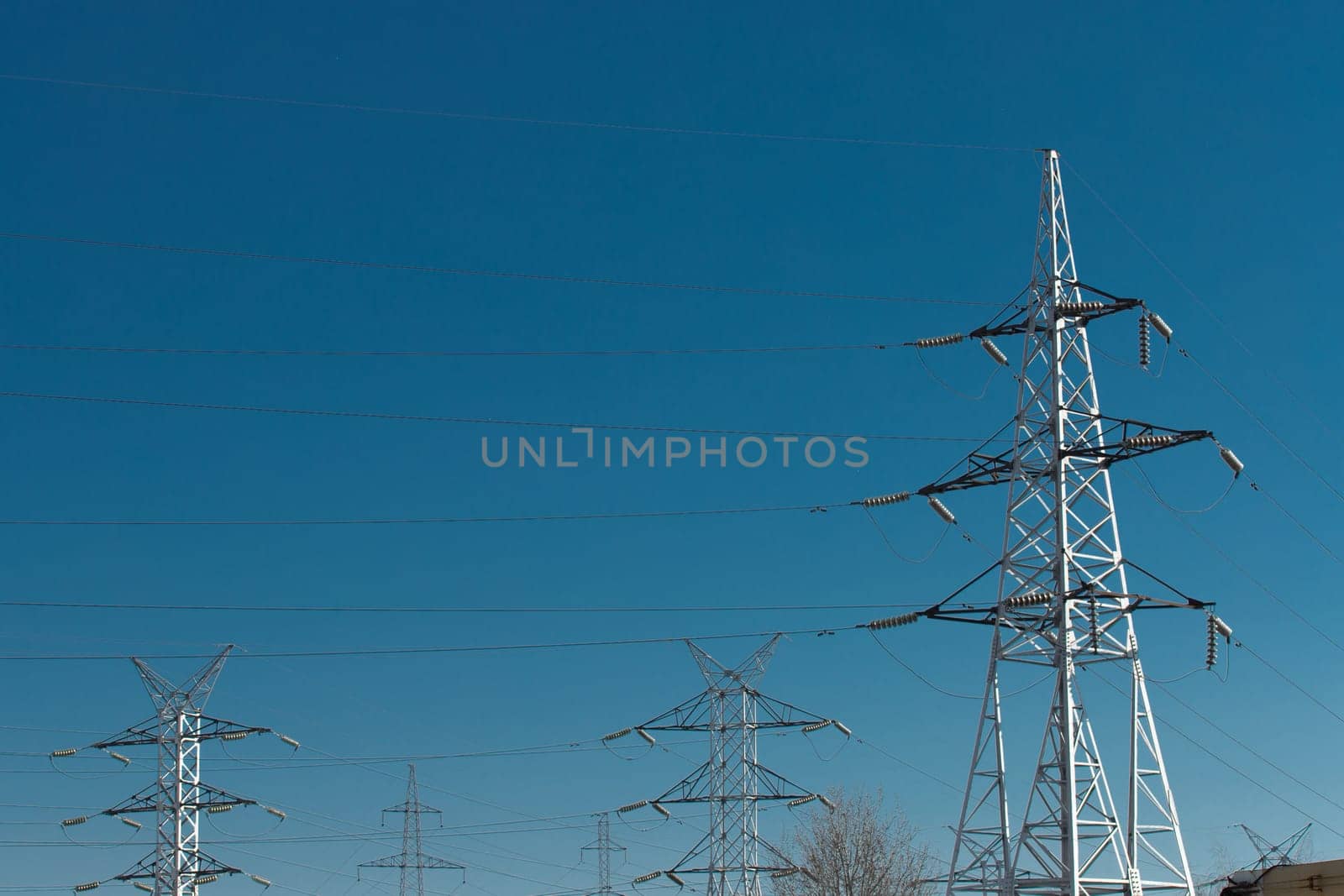 Electricity voltage high energy power technology electrical tower industry line electric blue sky by AYDO8