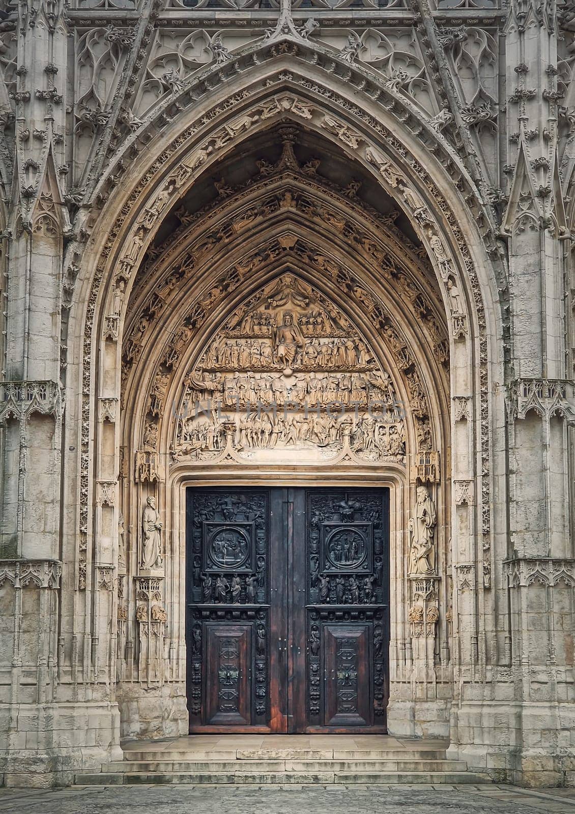 Saint Maclou Church entrance door, Rouen in Normandy, France. Flamboyant gothic architectural style