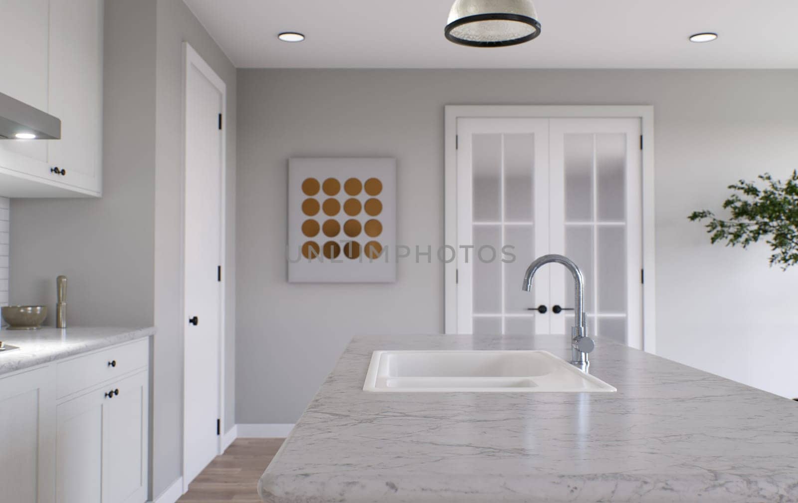 Large white kitchen with island and all necessary appliances. 3d rendering. Emphasis on stone countertop with white marble, kitchen sink and doors in the background.