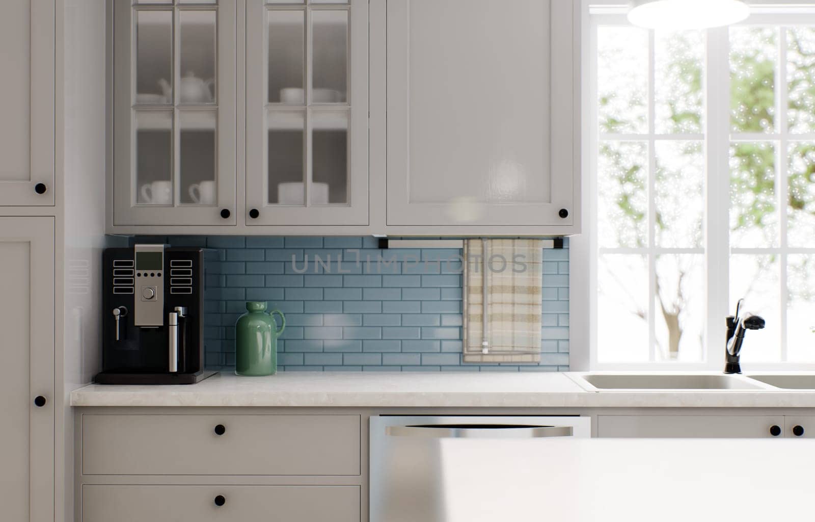 Spacious bright kitchen with a blue splashback and metallic blue bar stools. 3d rendering.