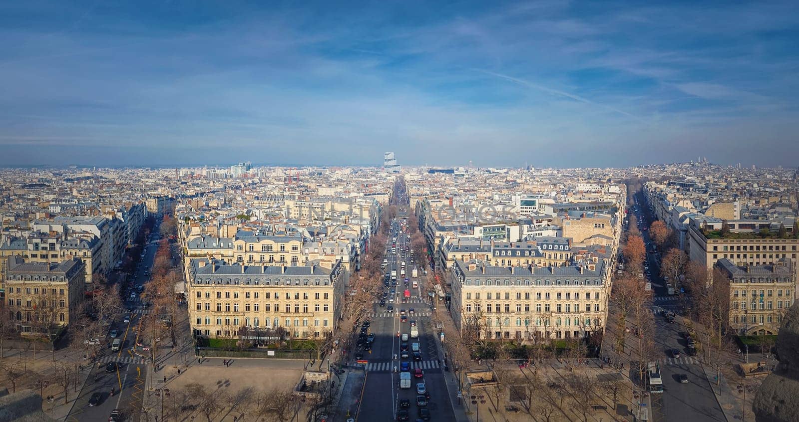 Aerial cityscape panorama with view to Avenue de Wagram and the new tribunal of Paris in Porte de Clichy, judicial court France. Beautiful parisian architecture, historic city buildings