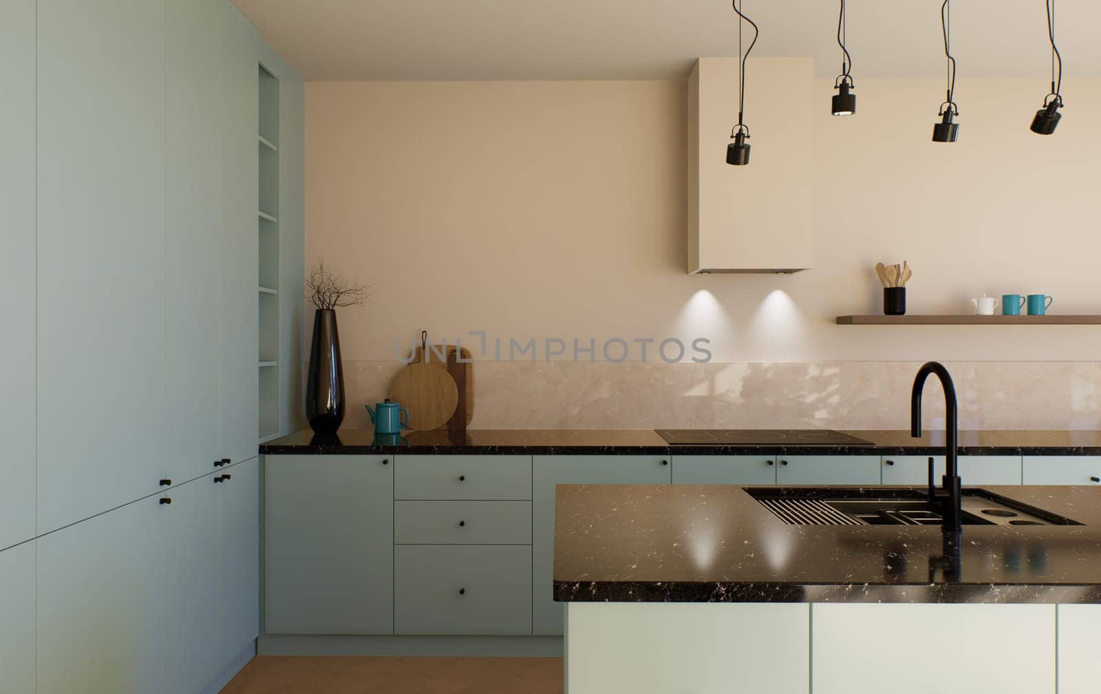 Modern spacious bright kitchen with sunlight and dark accents. 3d visualization. A green kitchen with minimal fronts, black bar stools, an island with drawers and kitchen utensils.