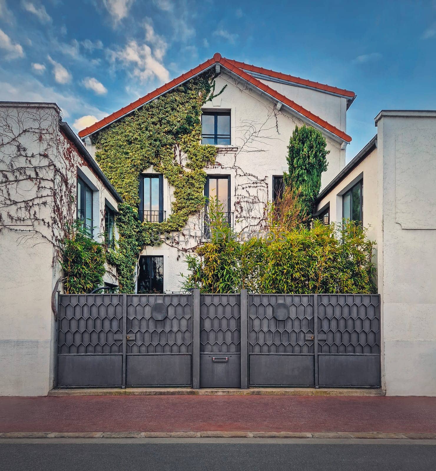 Green eco friendly home. House facade with different plants and trees growing in front of it. Environment, conservation and greening concept by psychoshadow