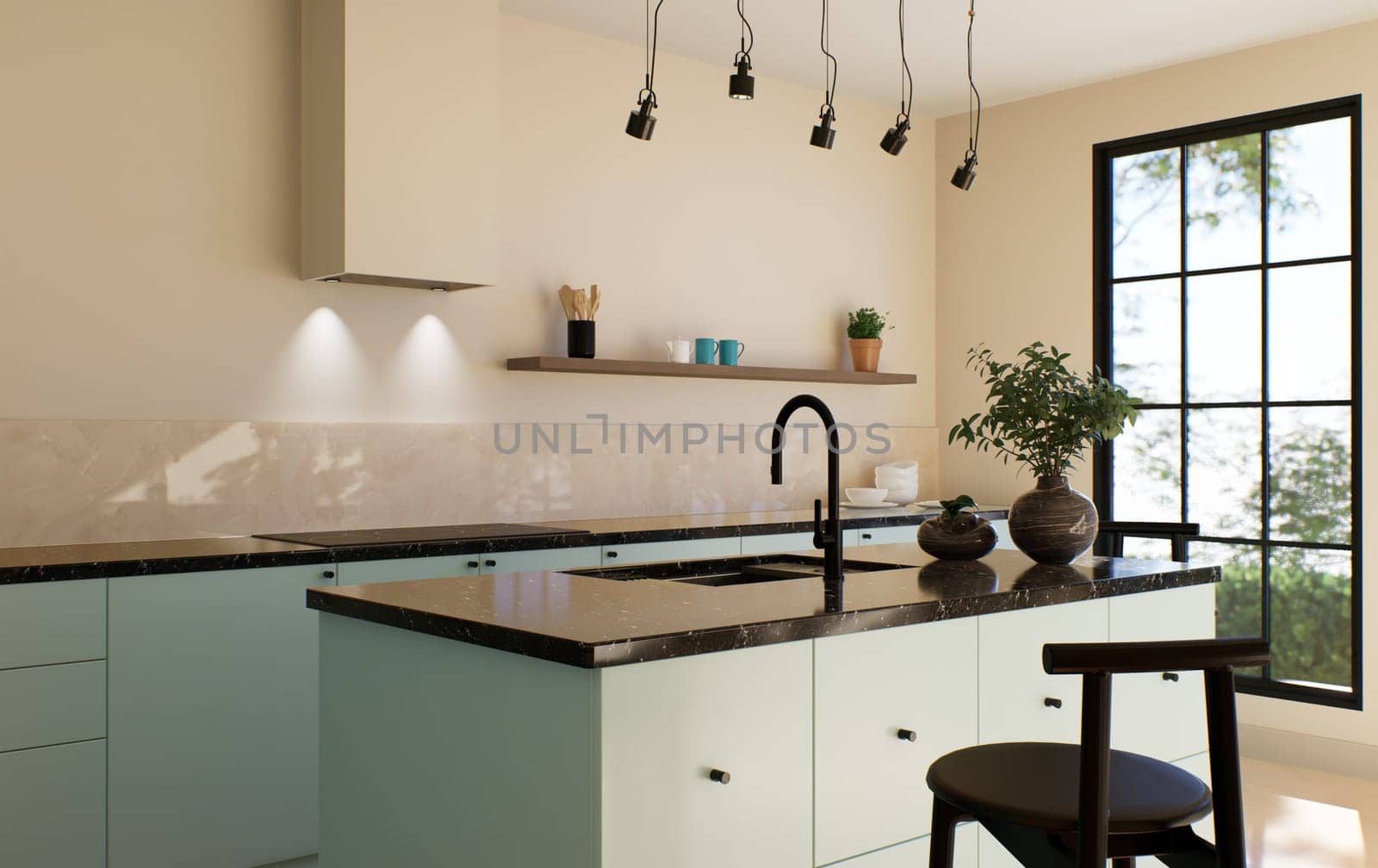 Modern spacious bright kitchen with sunlight and dark accents. 3d visualization. A green kitchen with minimal fronts, black bar stools, an island with drawers and kitchen utensils.