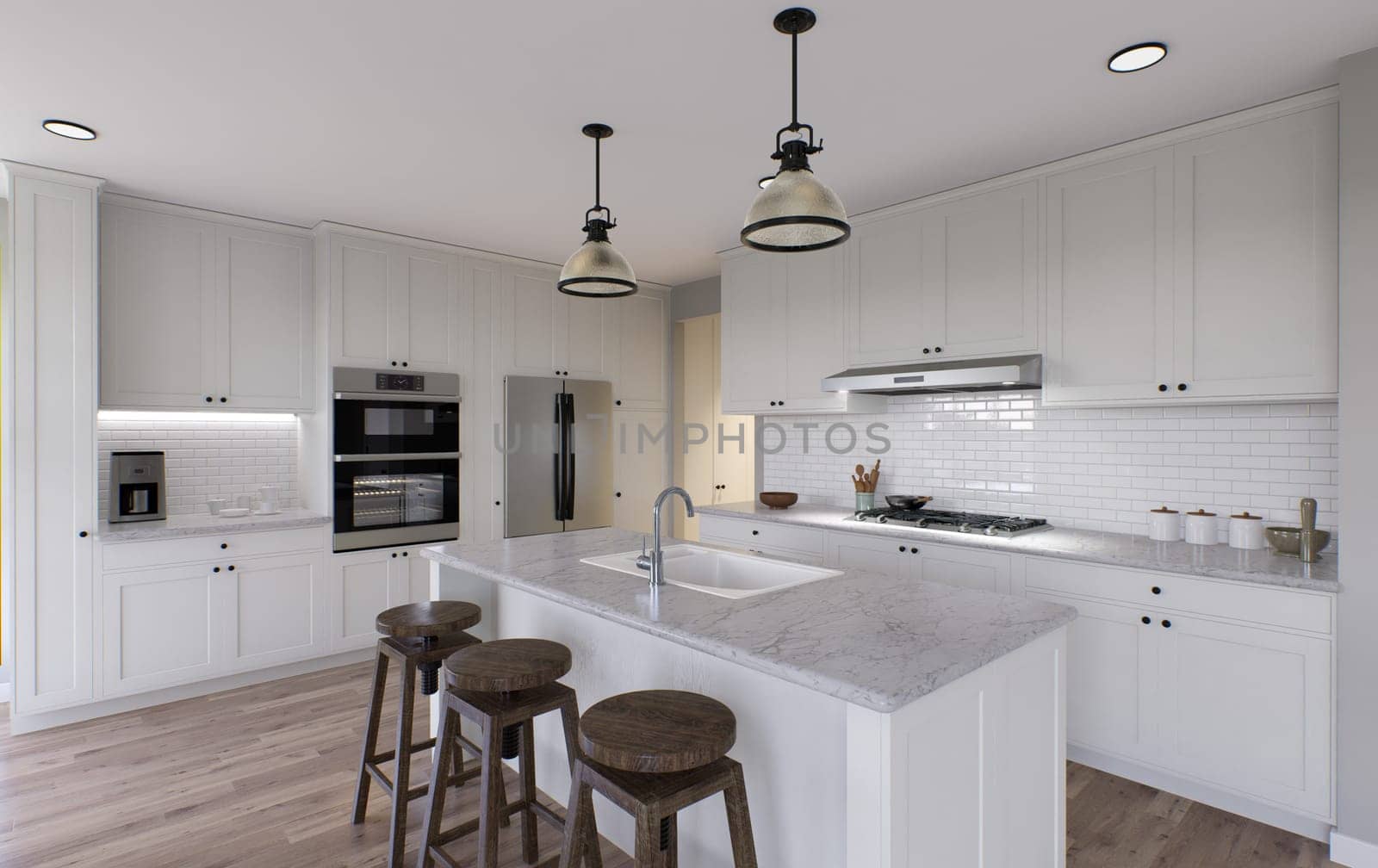 Large white kitchen with island and all necessary appliances. 3d rendering. Wooden bar stools, chandelier above the island, large tall cabinets.