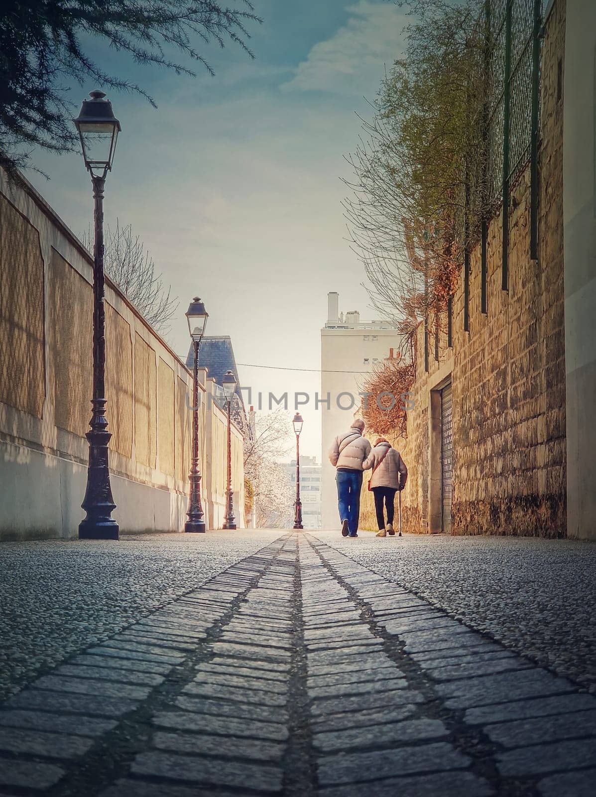 Senior couple walking outdoors together. Healthy lifestyle, elder love concept. Happy old pair strolling on the town alley in Asnieres sur Seine, a Paris suburb, France by psychoshadow