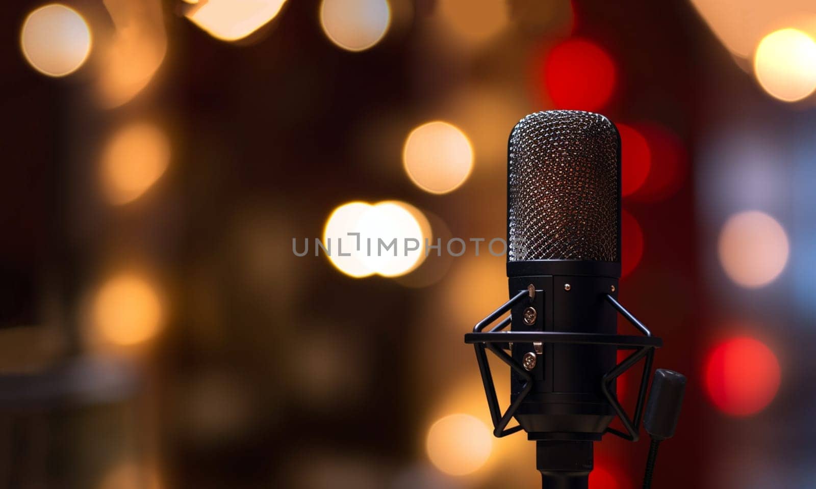 studio microphone in neon lights. sound recording equipment on bokeh background. Podcast,recording music concept microphone by Annebel146