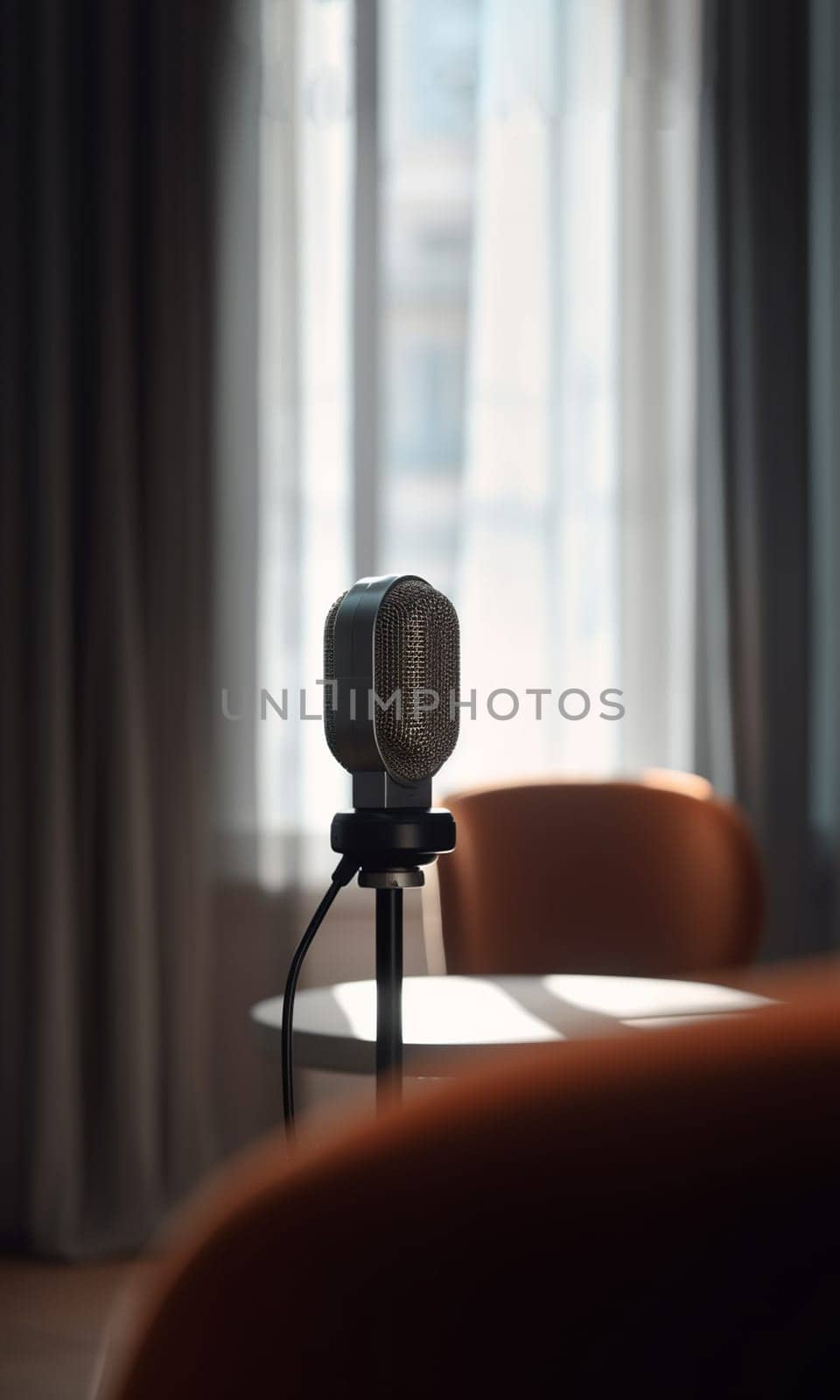 Sound and voice recording studio with nobody for podcast. Vintage style microphone and tools for record in room with noise reduction and resonance absorb foam wall in background for good acoustic with copy space. by Annebel146