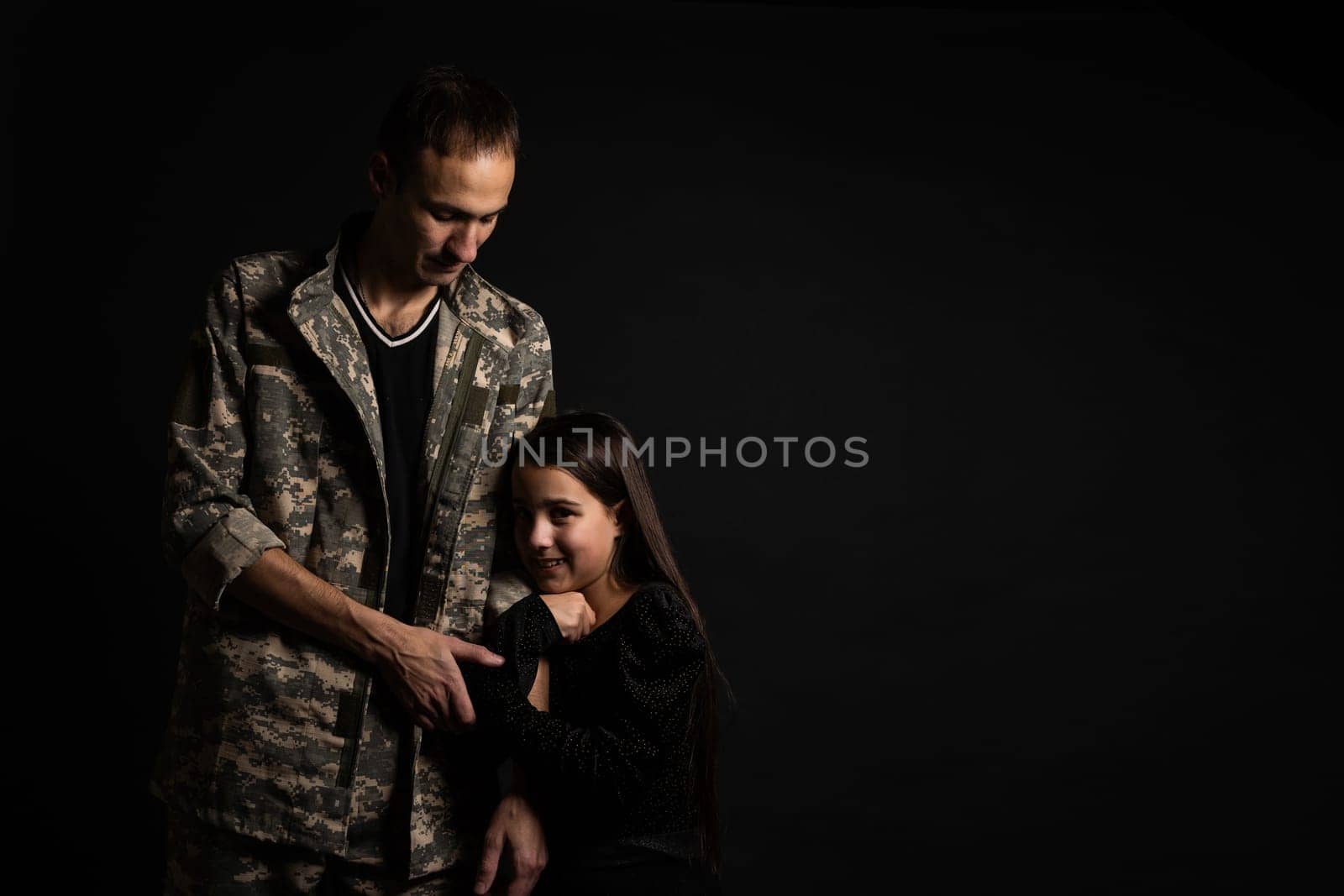 military man and daughter on a black background by Andelov13