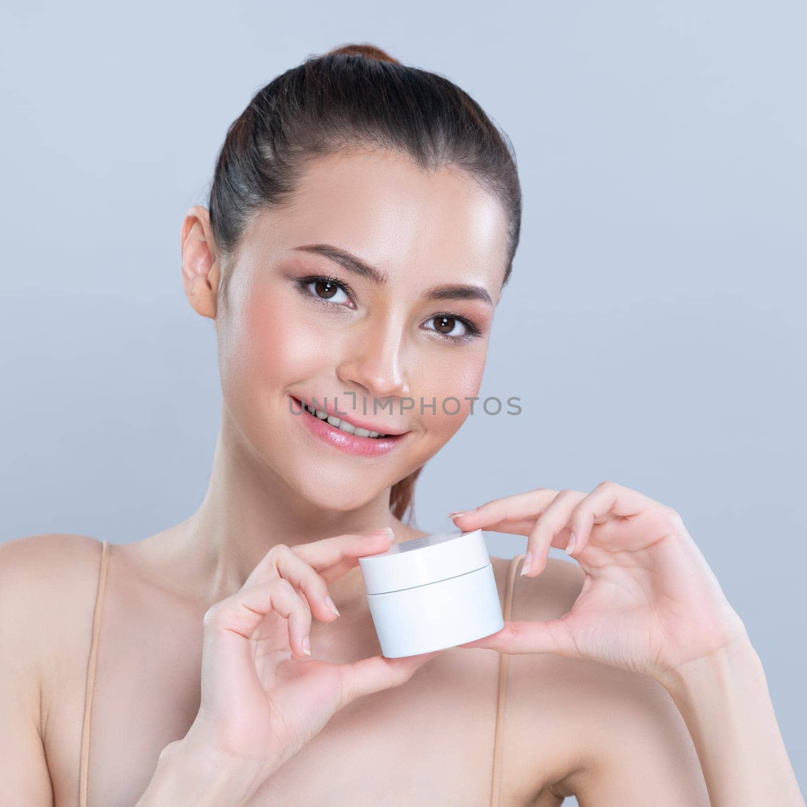 Glamorous perfect skin woman advertising mockup moisturizer jar. by biancoblue