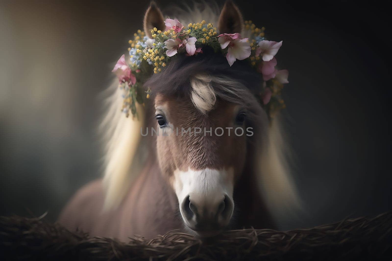 Cute brown horse, in a floral wreath on his head, on a dark background. Ai generative. Copy space