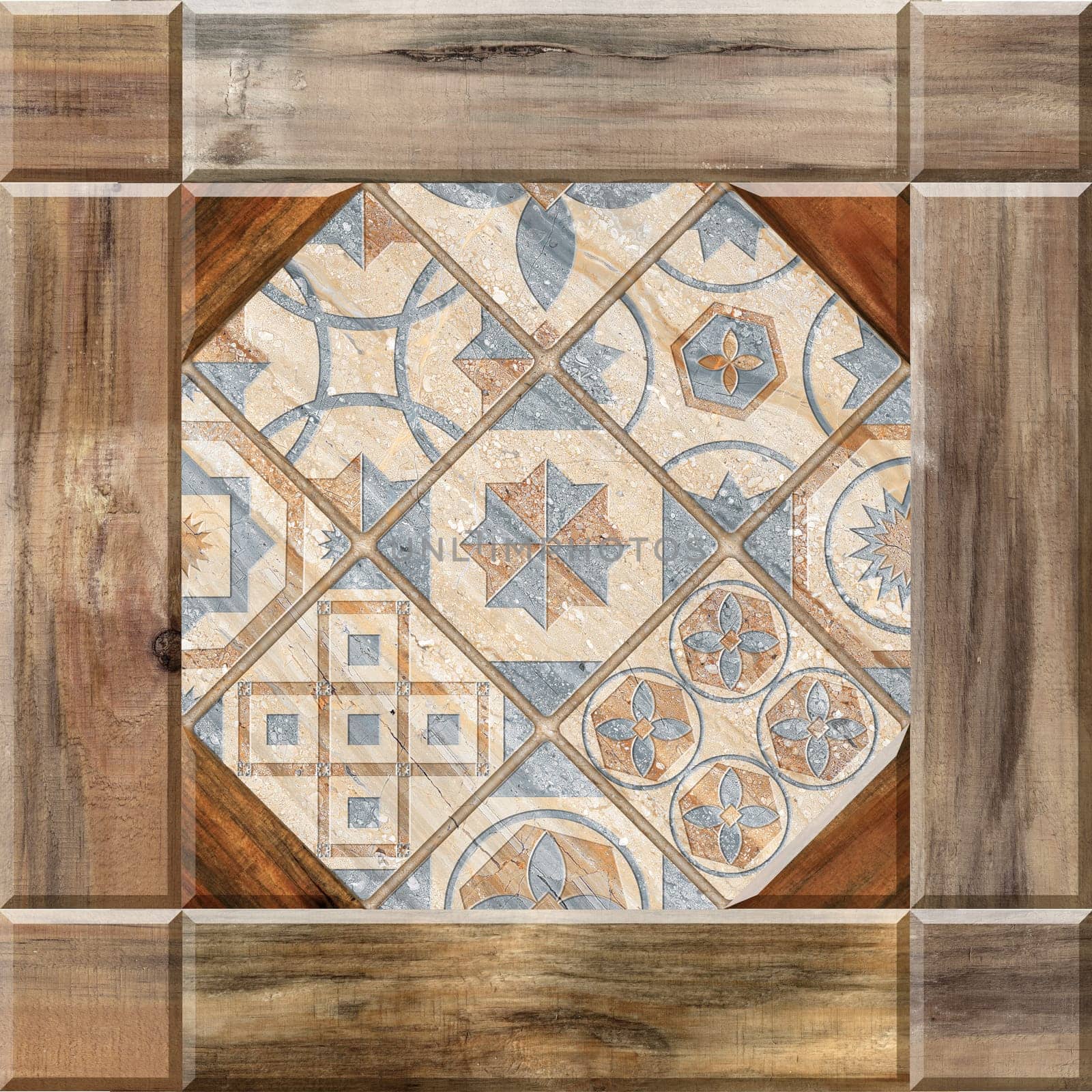 Digital tiles design. 3D rendering Colorful ceramic wall and floor tiles decoration. Abstract damask patchwork pattern with geometric and floral ornaments, Vintage tiles digital design . High quality photo