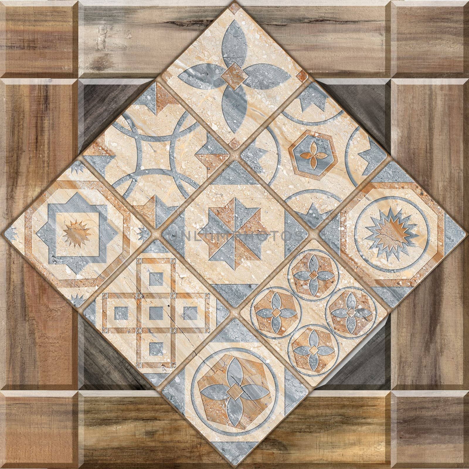 Digital tiles design. 3D rendering Colorful ceramic wall and floor tiles decoration. Abstract damask patchwork pattern with geometric and floral ornaments, Vintage tiles digital design . High quality photo