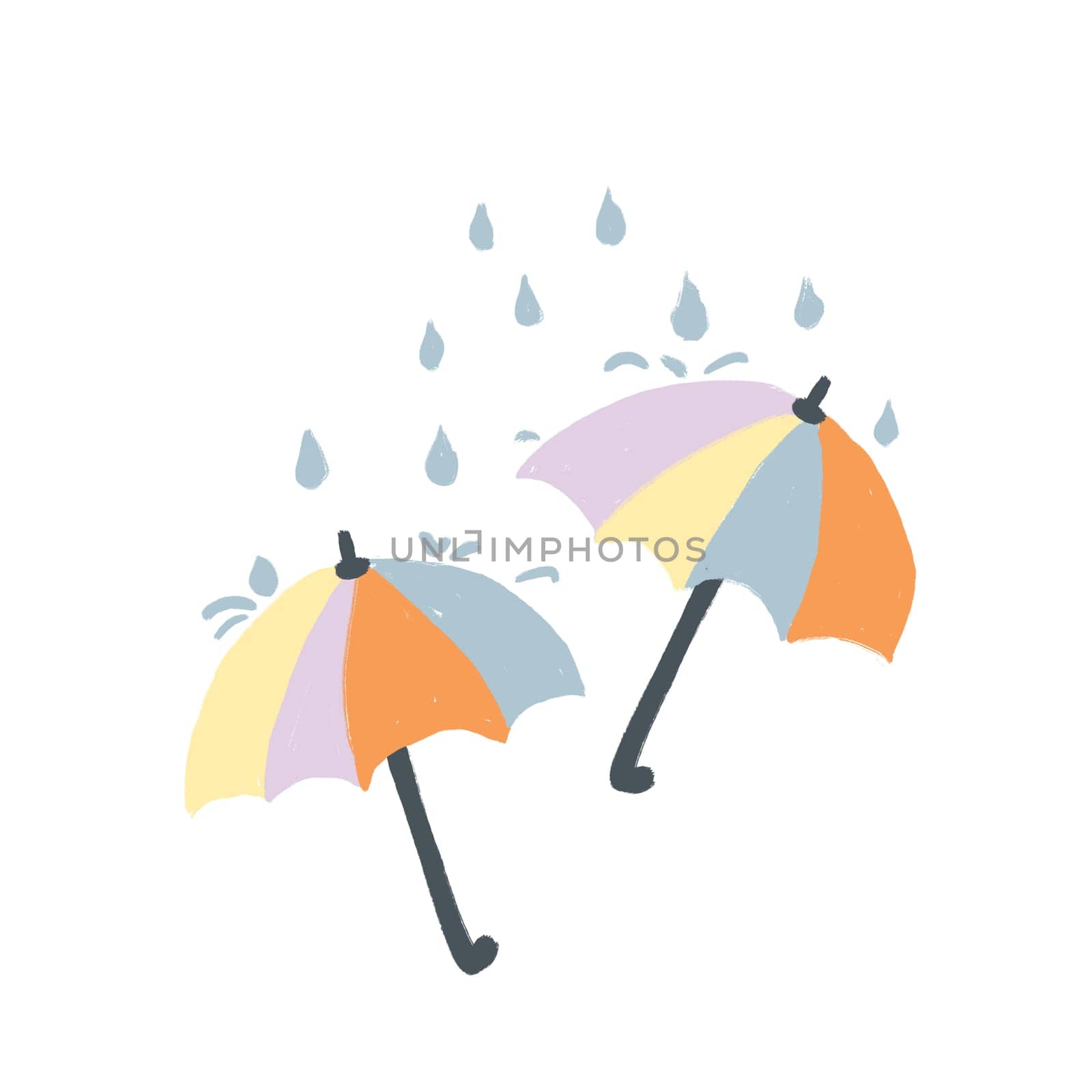 Hand drawn illustration with orange yellow umbrellas on white background. Rain raindrops fall weather rain, april showers design, funny cartoon seasonal print, spring elements, fabric fashion print. by Lagmar