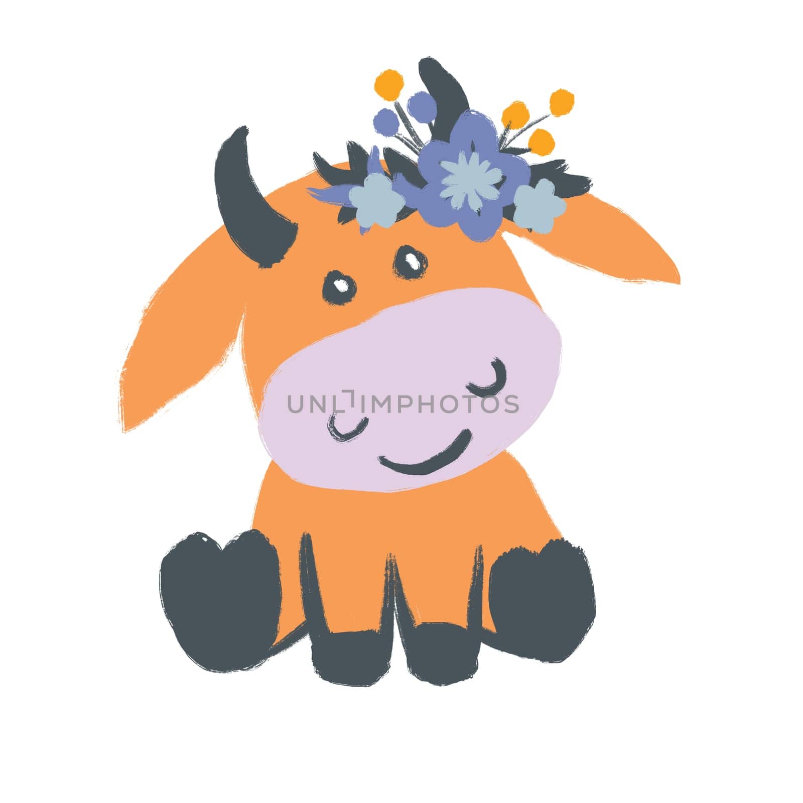 Hand drawn illustration with cute orange blue cows. Funny farm animals with floral flowers, kids children nursery decor, nature farmhouse cottagecore beef bull milk cattle, domestic farm