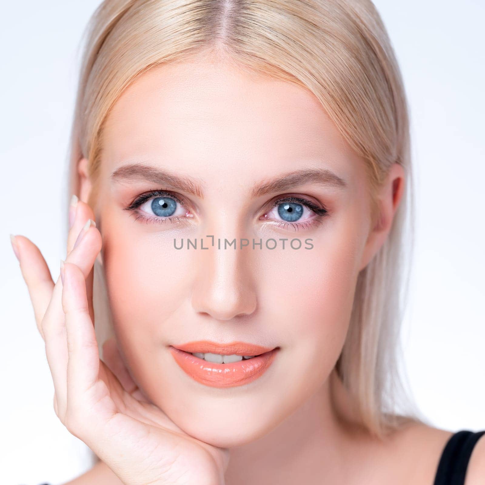 Closeup personable beautiful woman with alluring perfect smooth skin portrait. by biancoblue