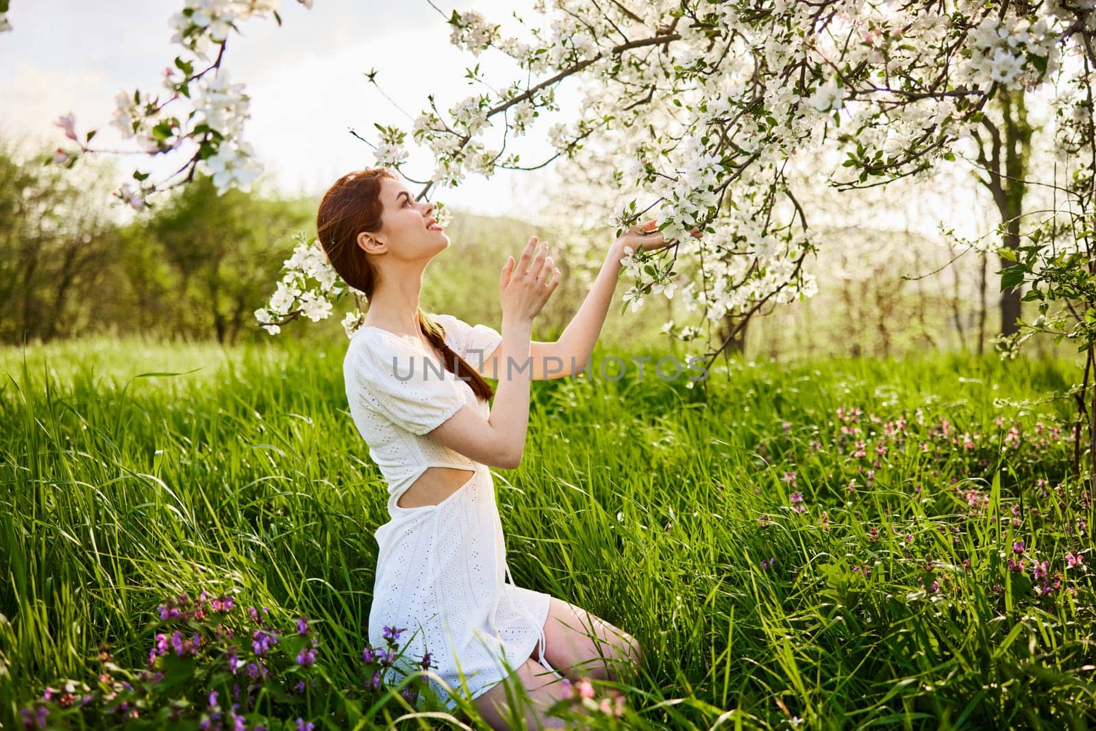 a woman in a light dress sits in the grass near a flowering apple tree by Vichizh