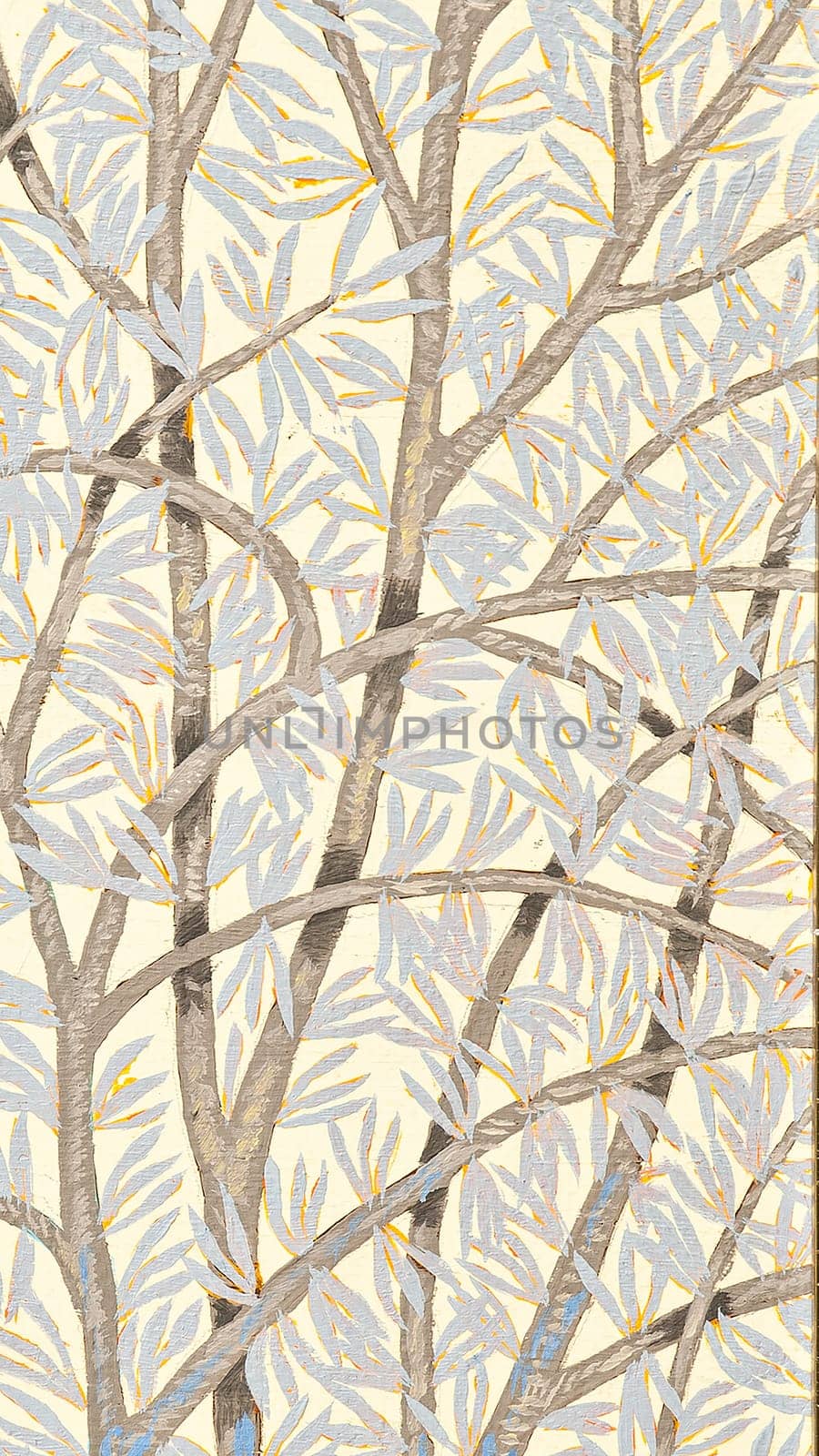 A vertical illustrated design of tree branches with leaves on a beige background