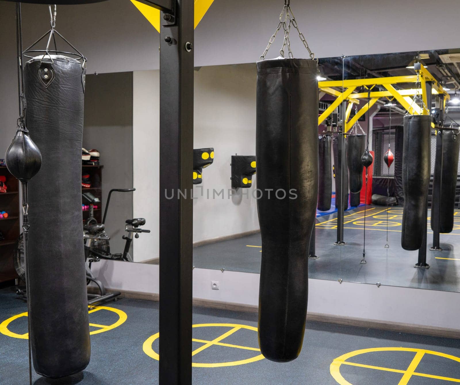 A shot of boxing bags in the sports complex