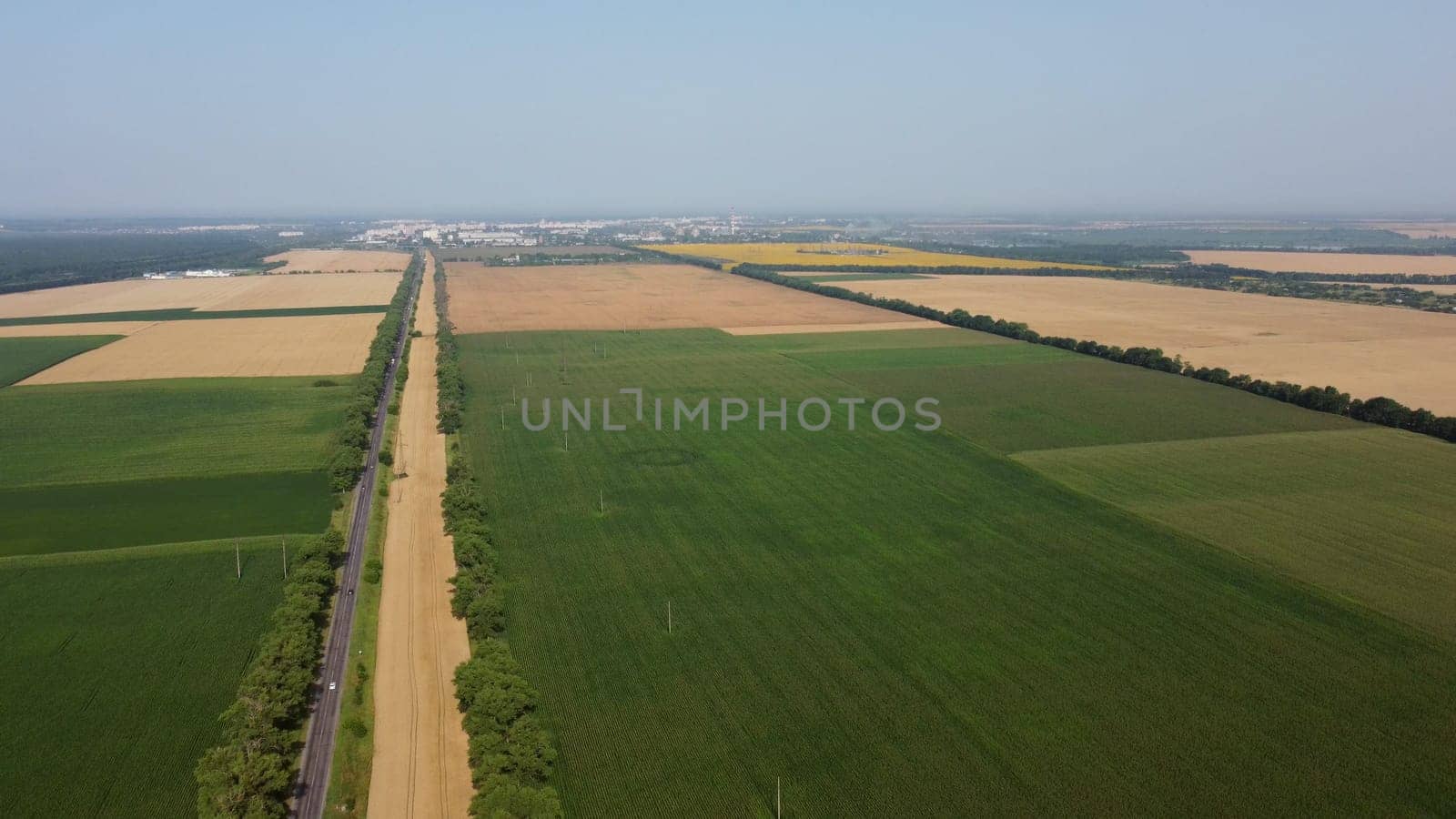 Beautiful panoramic view of many agricultural fields with different agricultural green plants and ripe yellow wheat, road with moving cars and city on summer day. Aerial drone. Agrarian crop landscape