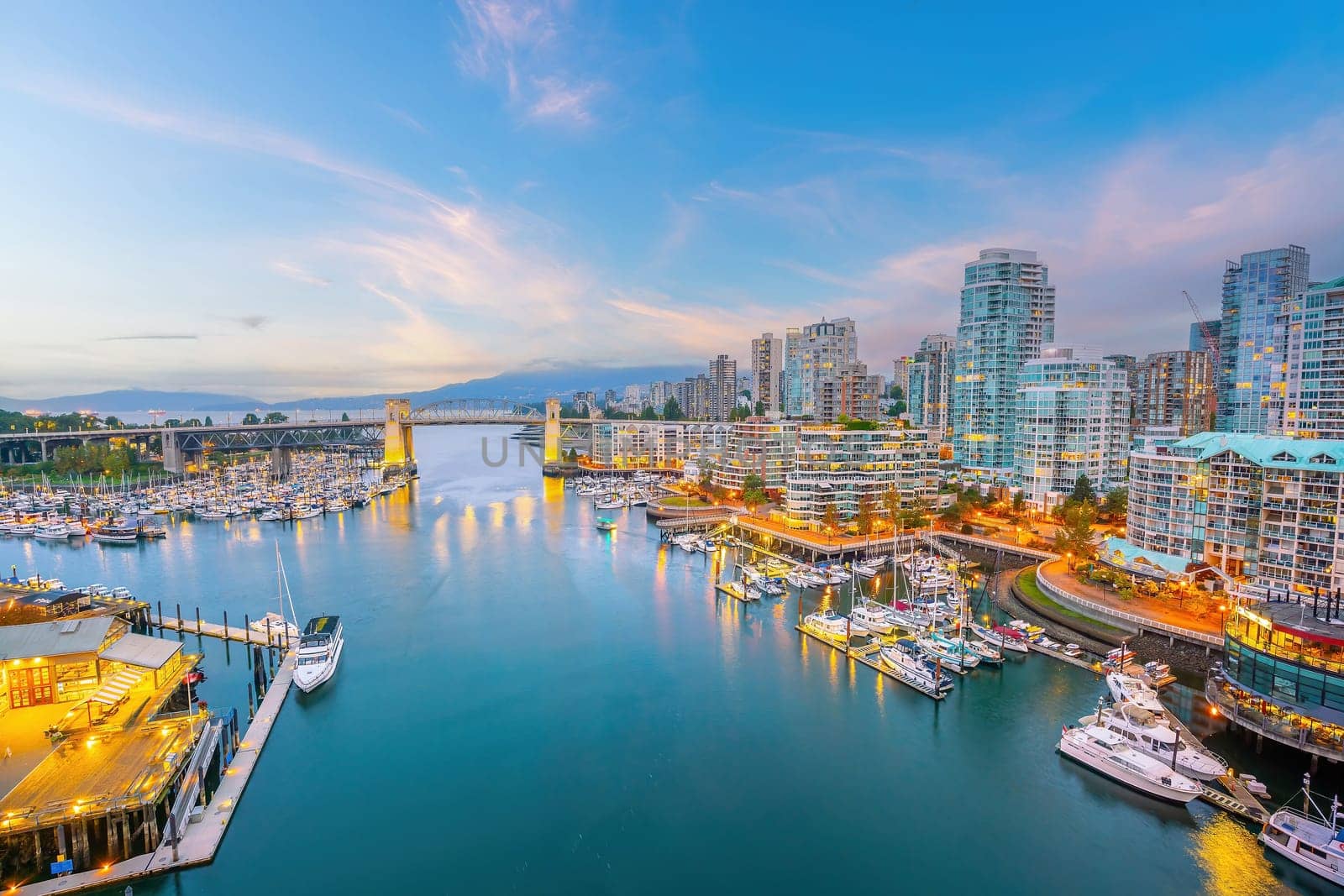 Downtown Vancouver skyline, cityscape of British Columbia in Canada at sunrise