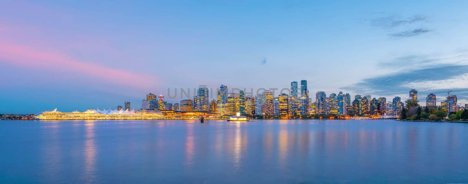 Downtown Vancouver skyline, cityscape of British Columbia in Canada at sunset